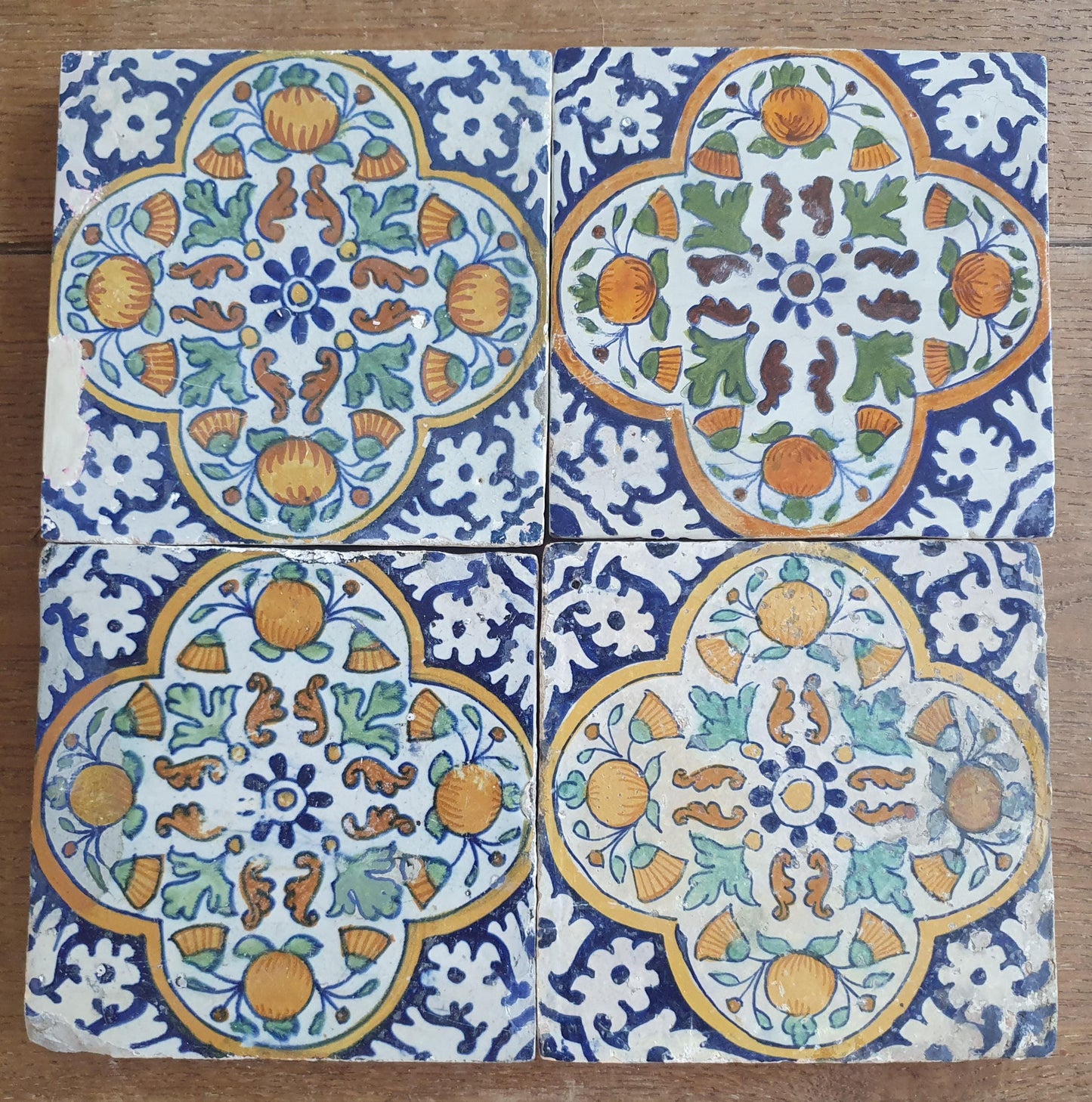 4 x Antique Delft Ornament Tiles, 17th Century Dutch Wall Decor.