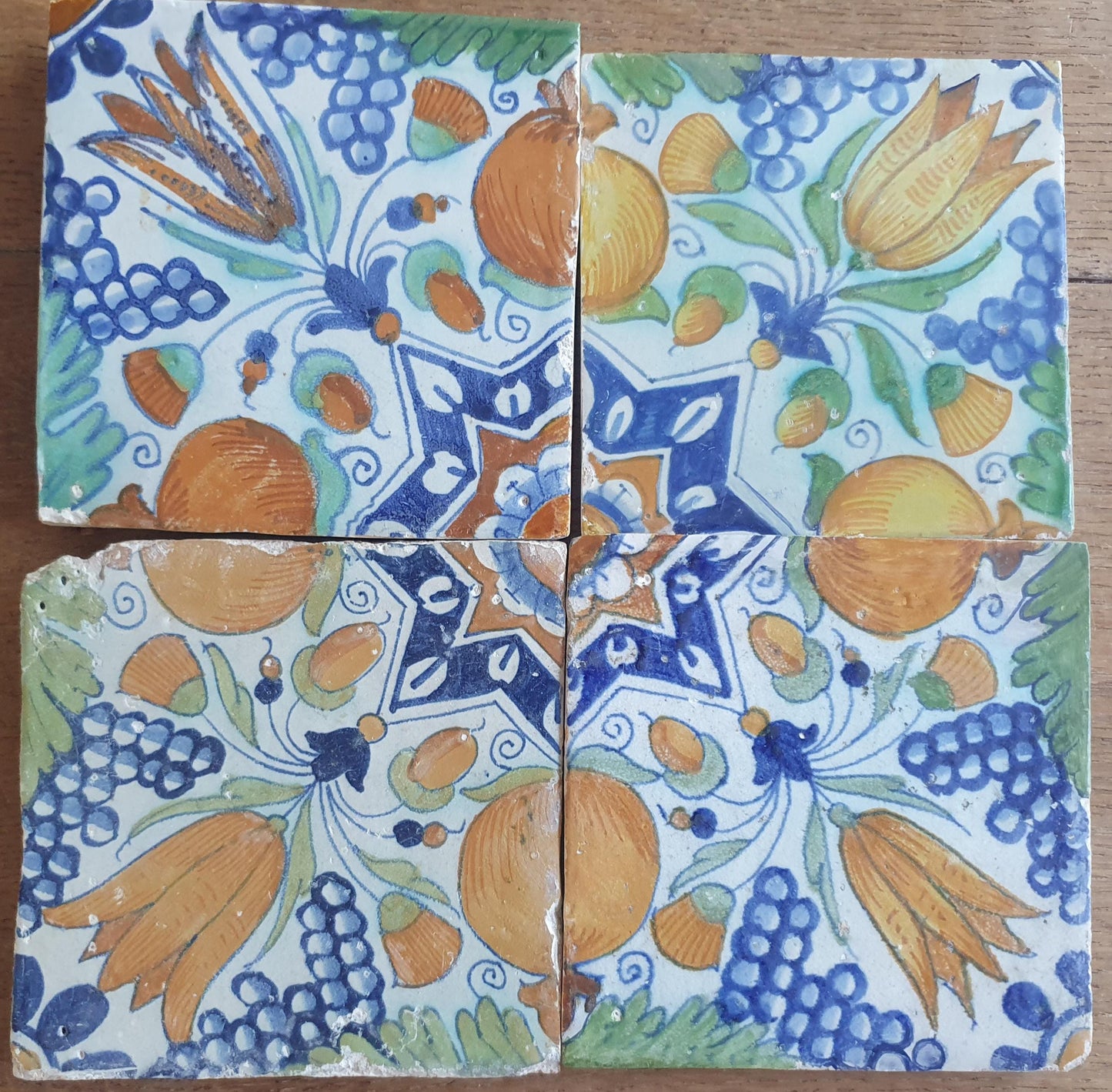 4 x Antique Delft Ornament Tiles, 17th Century Dutch Wall Decor.
