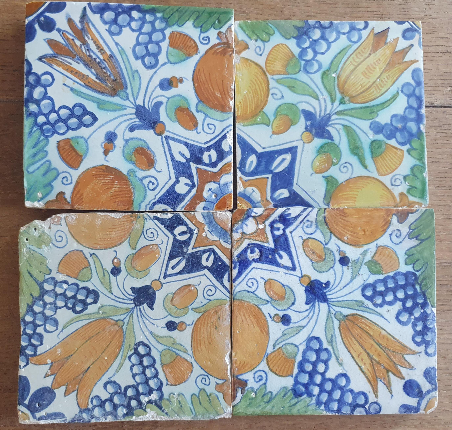 4 x Antique Delft Ornament Tiles, 17th Century Dutch Wall Decor.