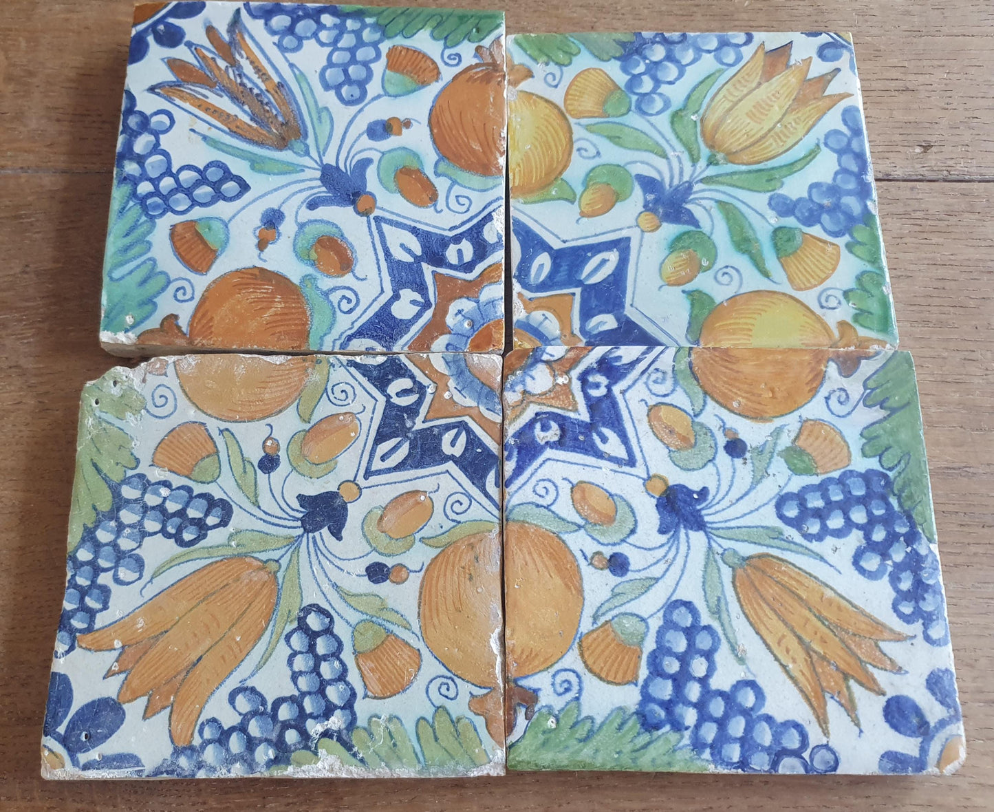 4 x Antique Delft Ornament Tiles, 17th Century Dutch Wall Decor.