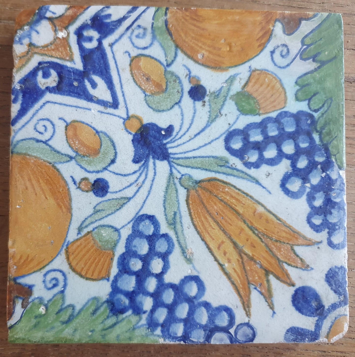 4 x Antique Delft Ornament Tiles, 17th Century Dutch Wall Decor.