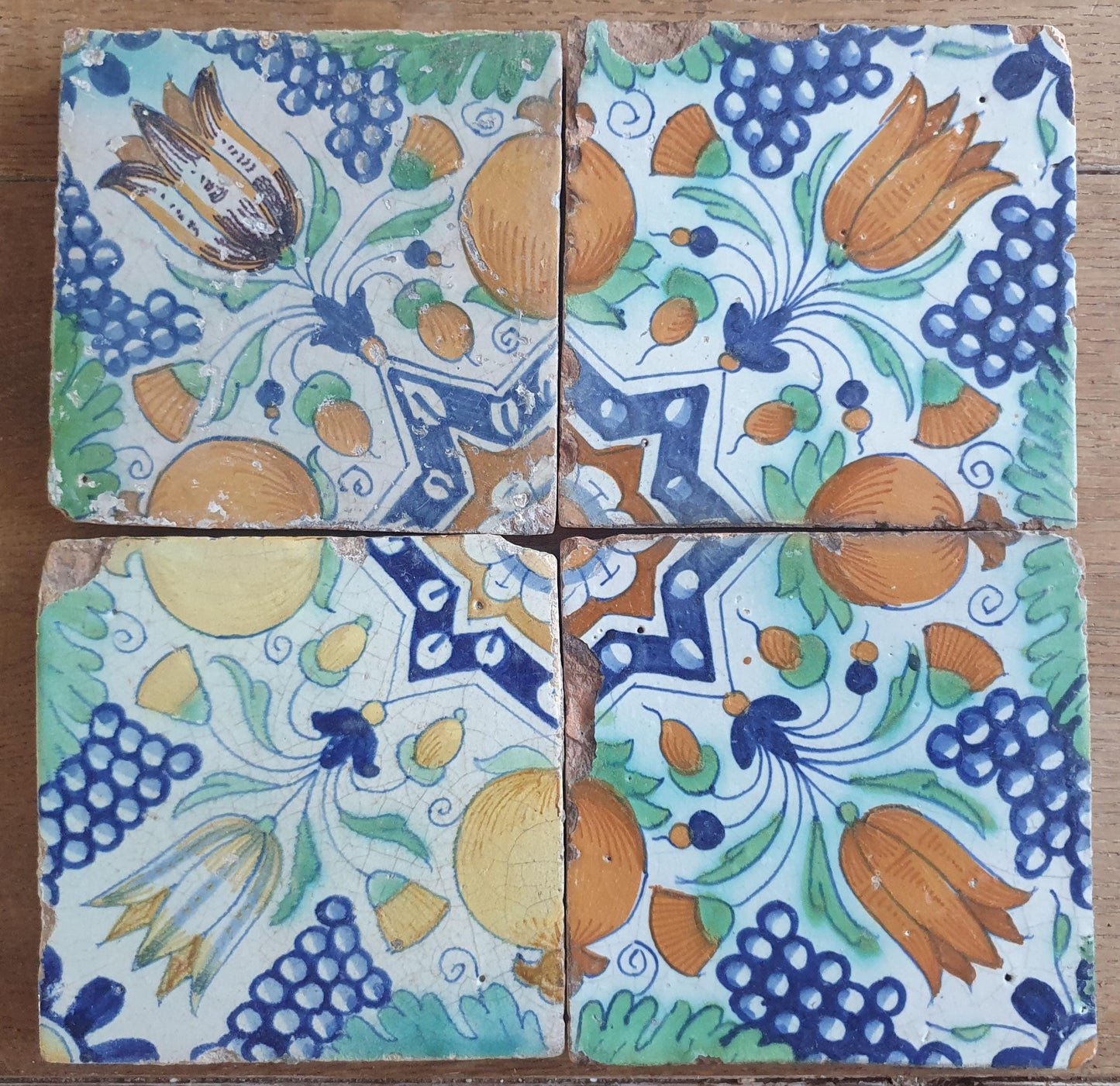 4 x Antique Delft Ornament Tiles, 17th Century Dutch Wall Decor.