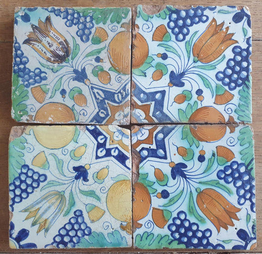 4 x Antique Delft Ornament Tiles, 17th Century Dutch Wall Decor.
