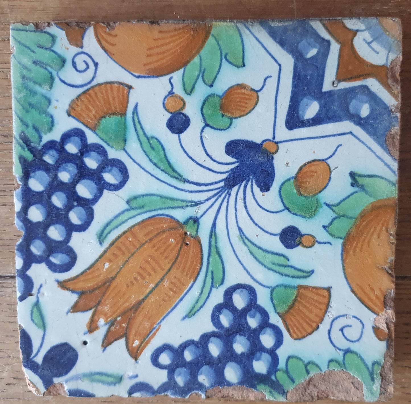 4 x Antique Delft Ornament Tiles, 17th Century Dutch Wall Decor.