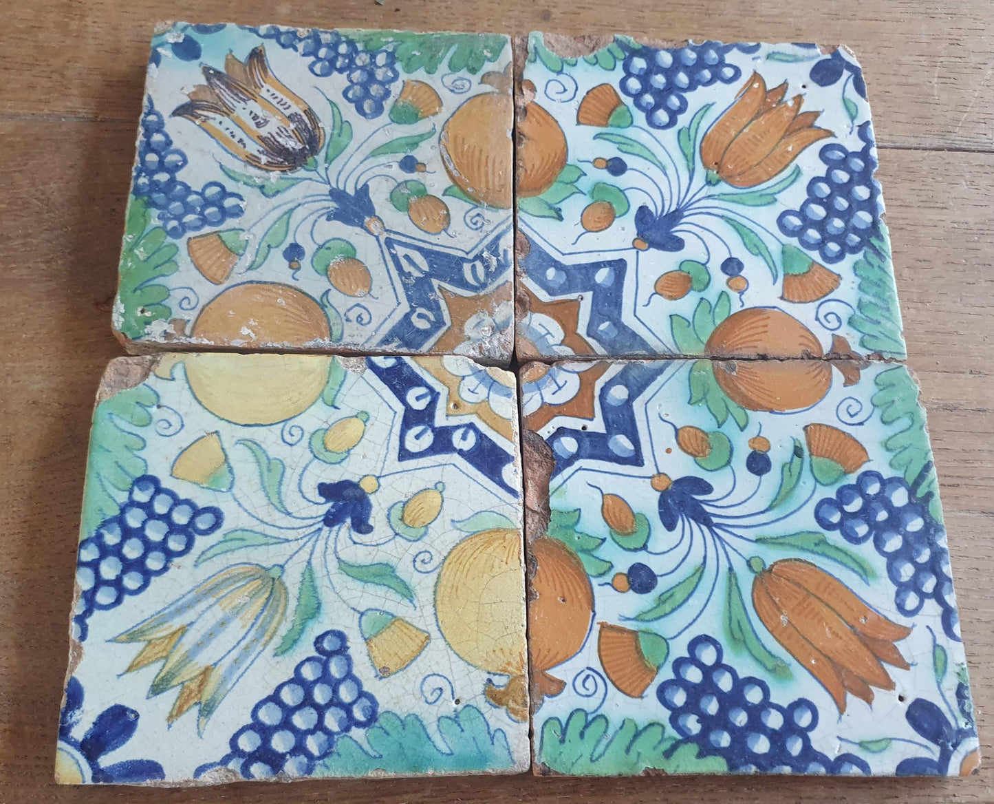 4 x Antique Delft Ornament Tiles, 17th Century Dutch Wall Decor.