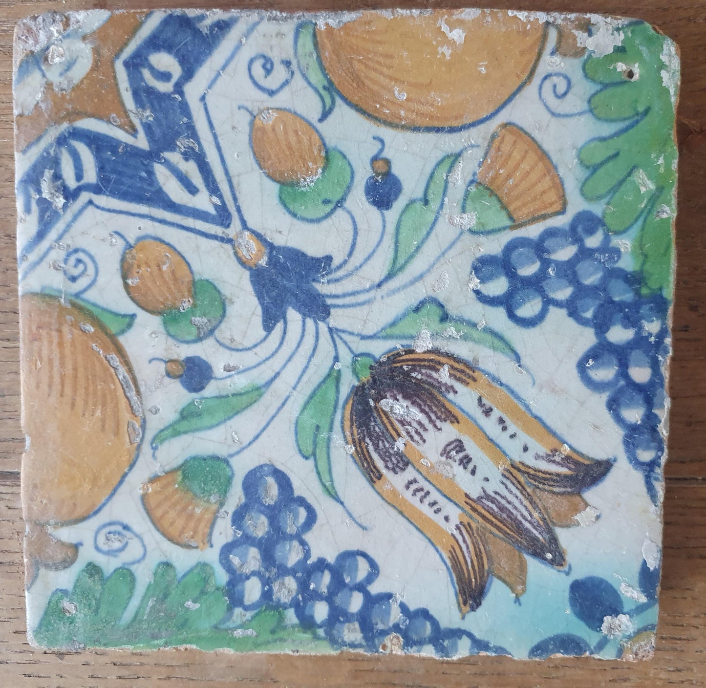 4 x Antique Delft Ornament Tiles, 17th Century Dutch Wall Decor.