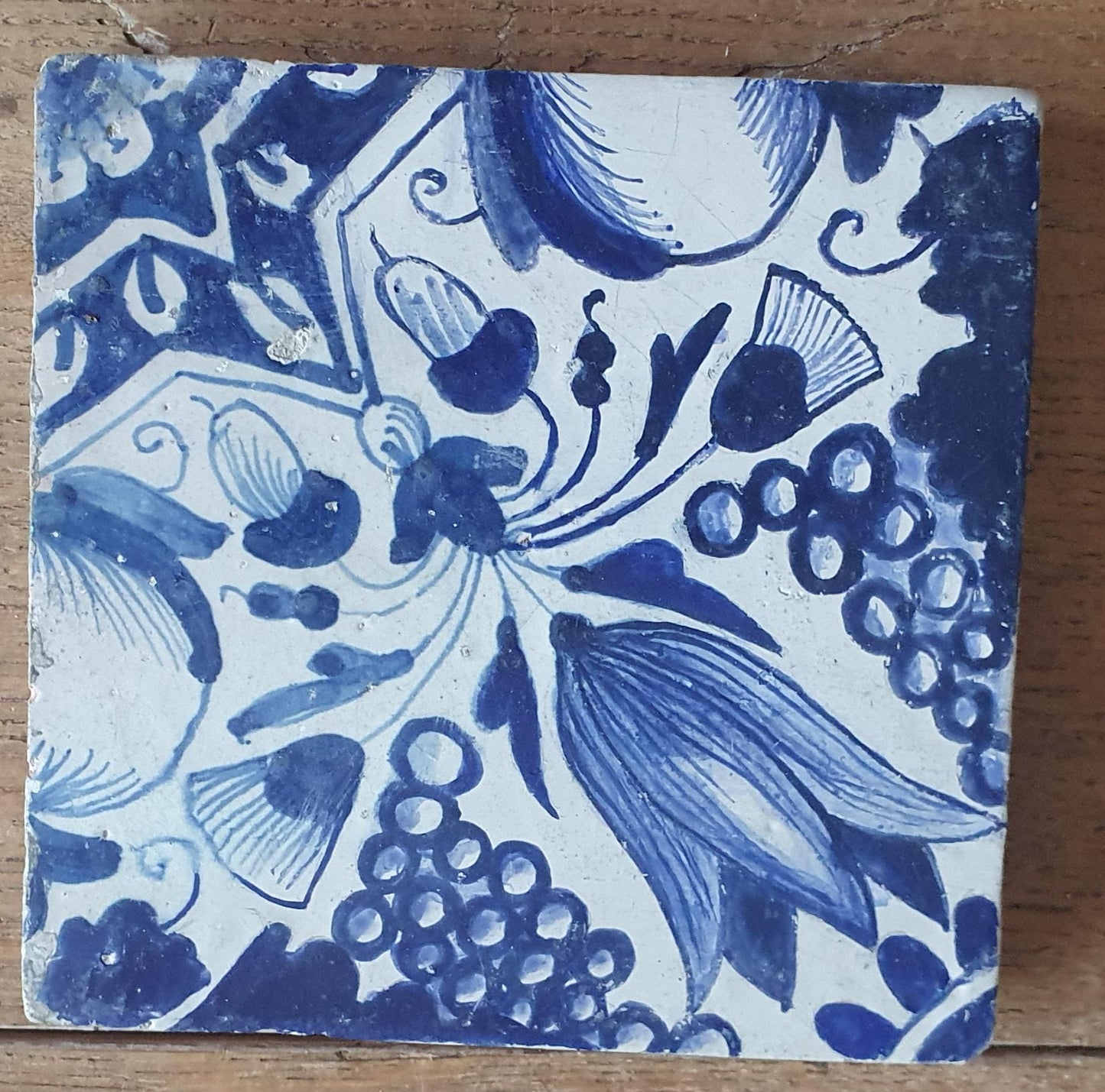 4 x Antique Delft Ornament Tiles, 17th Century Dutch Wall Decor.