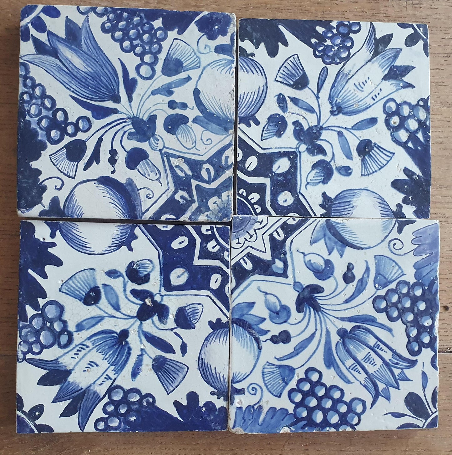 4 x Antique Delft Ornament Tiles, 17th Century Dutch Wall Decor.
