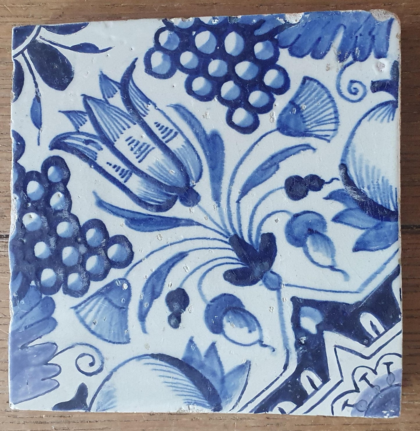4 x Antique Delft Ornament Tiles, 17th Century Dutch Wall Decor.
