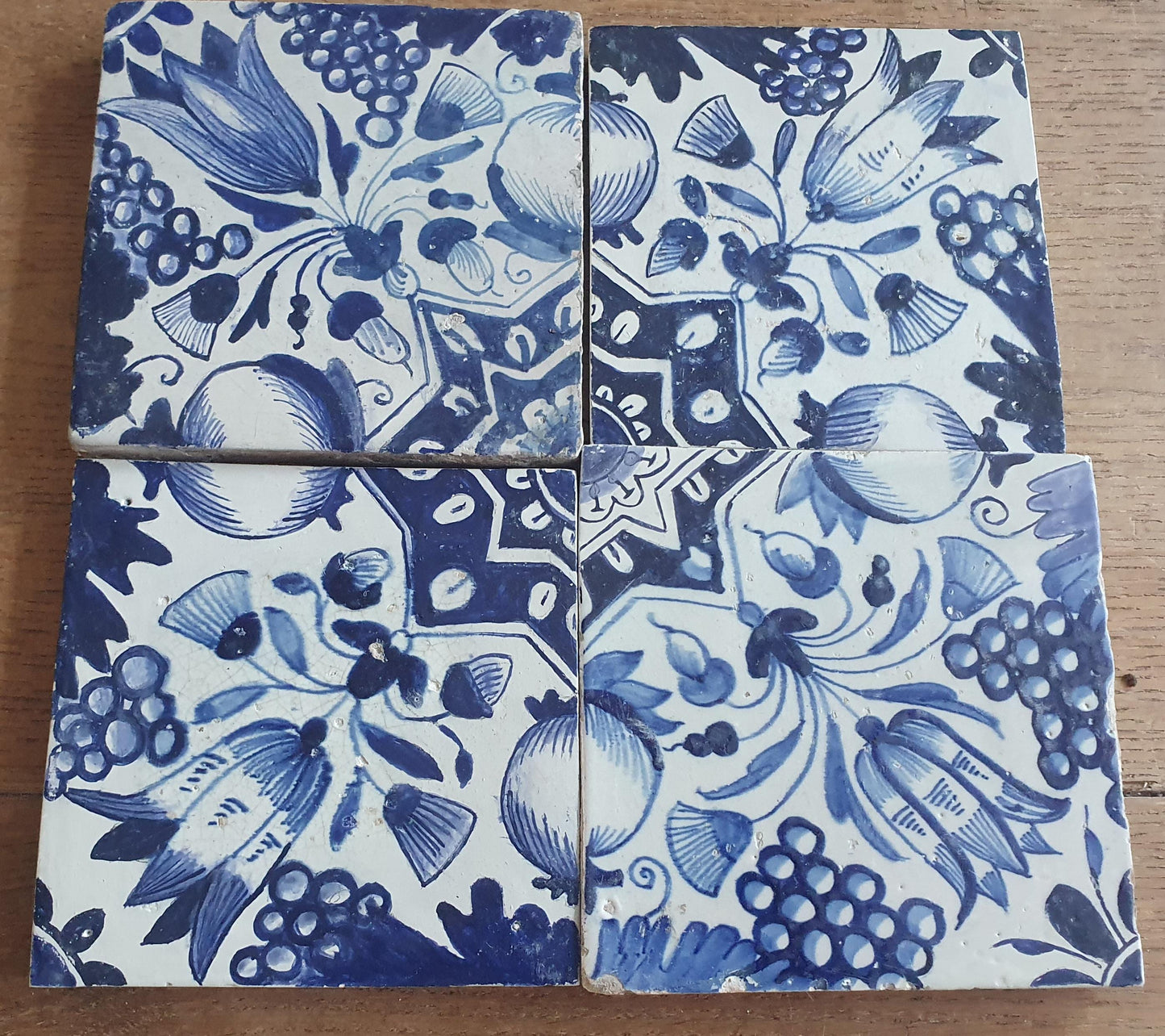 4 x Antique Delft Ornament Tiles, 17th Century Dutch Wall Decor.