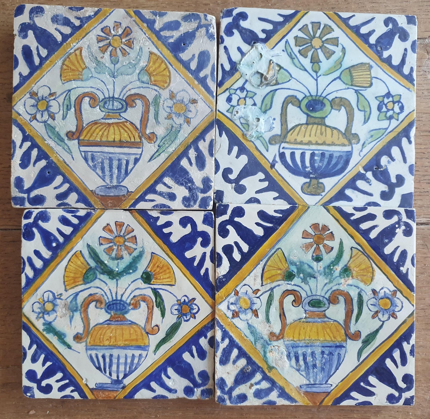 4 x Antique Delft flowers Tiles, 17th Century Dutch Wall Decor.