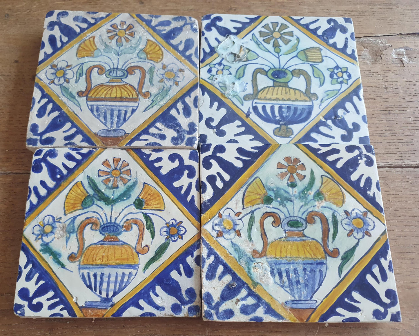 4 x Antique Delft flowers Tiles, 17th Century Dutch Wall Decor.