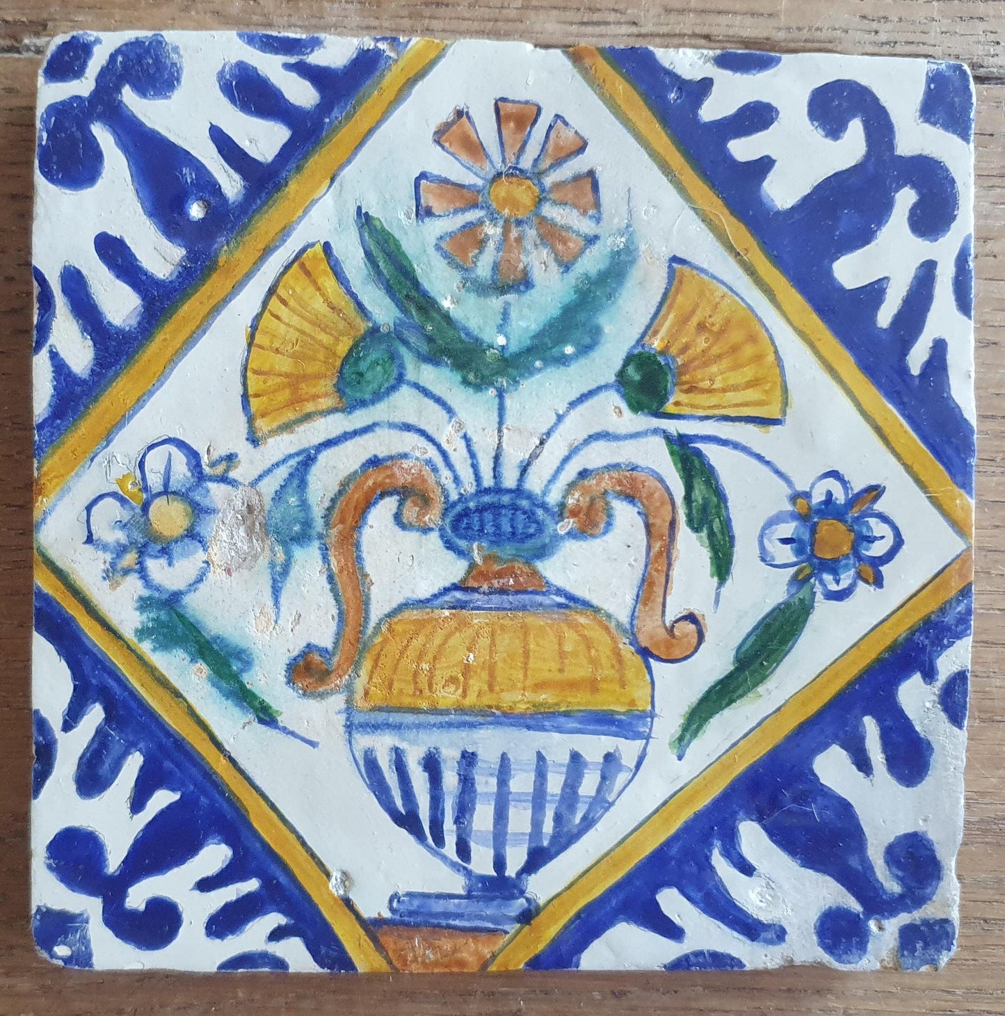 4 x Antique Delft flowers Tiles, 17th Century Dutch Wall Decor.