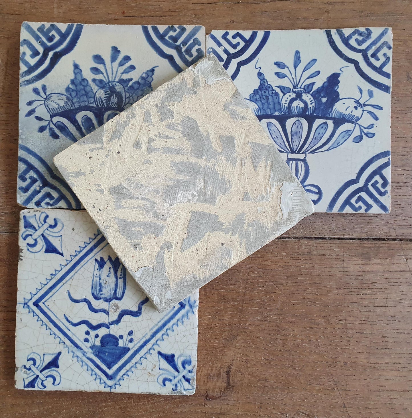 4 x Antique Delft Fruit Bowl Tiles, 17th Century Dutch Wall Decor.