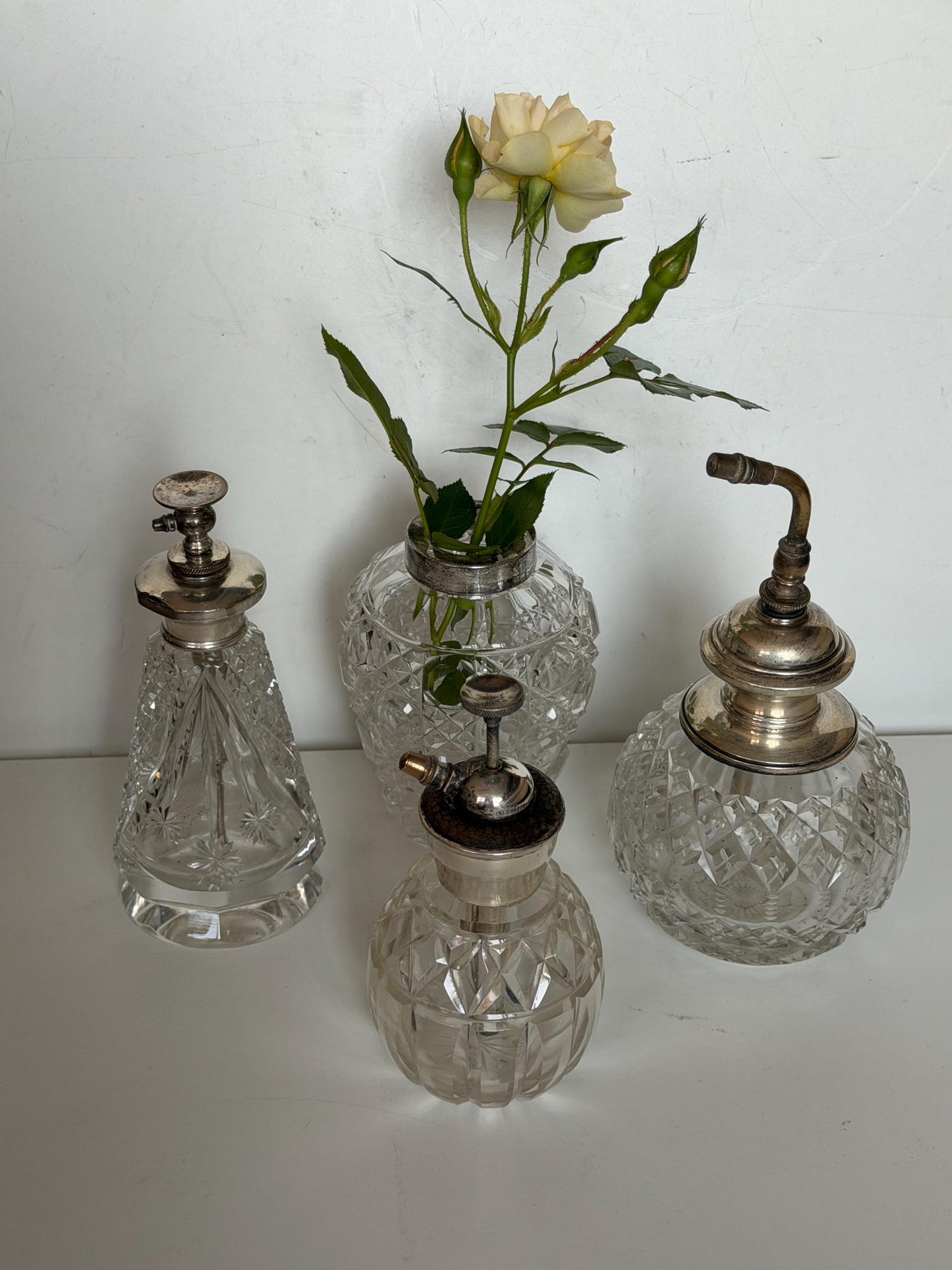 Antique Dressing Table Ensemble with Sterling Silver Mounted crystal