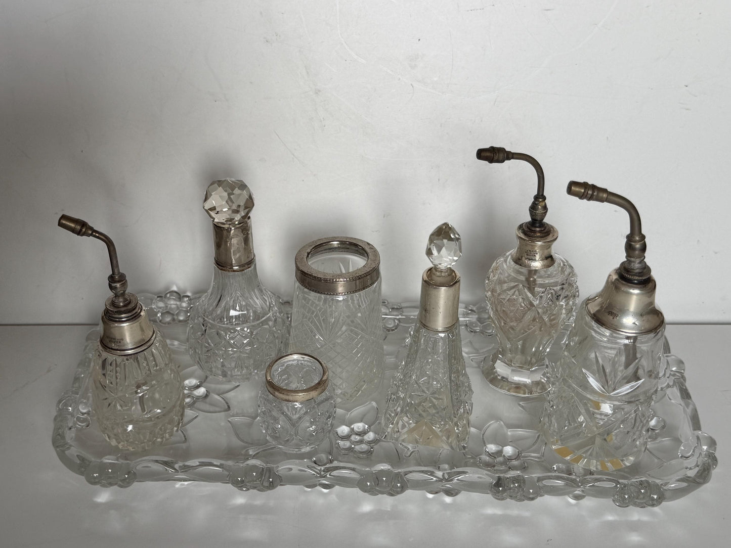 Antique Dressing Table Ensemble with Sterling Silver Mounted crystal, 8 piece victorian