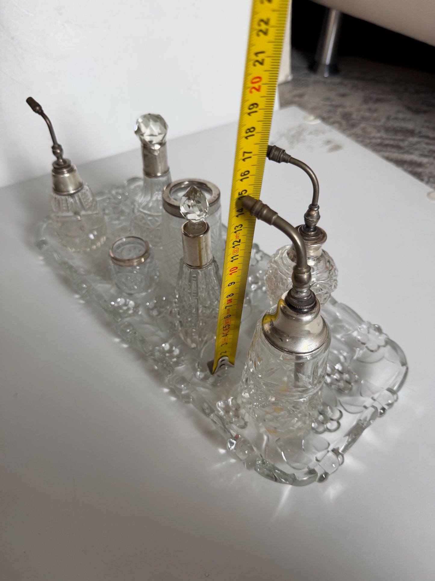 Antique Dressing Table Ensemble with Sterling Silver Mounted crystal, 8 piece victorian