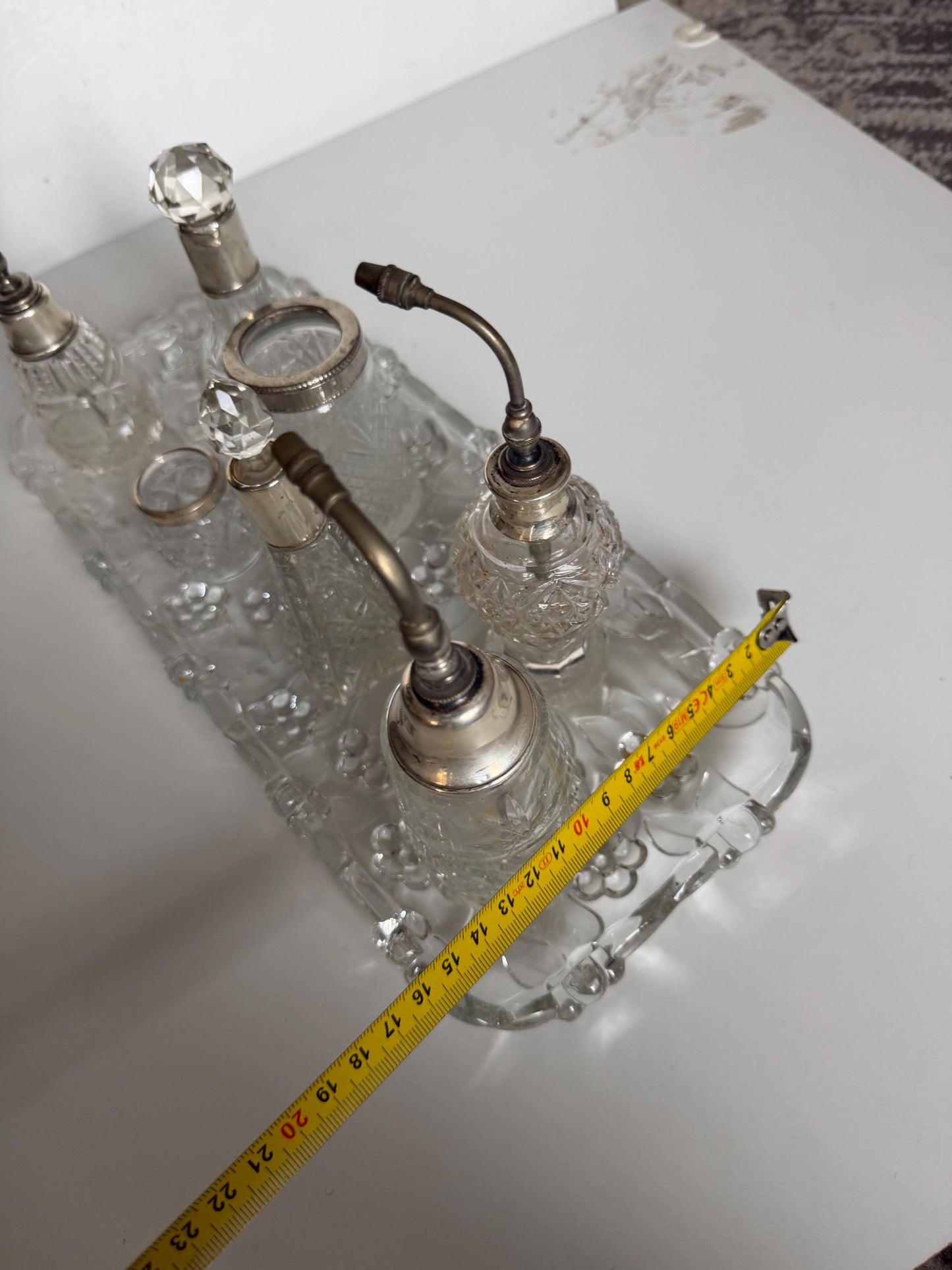 Antique Dressing Table Ensemble with Sterling Silver Mounted crystal, 8 piece victorian