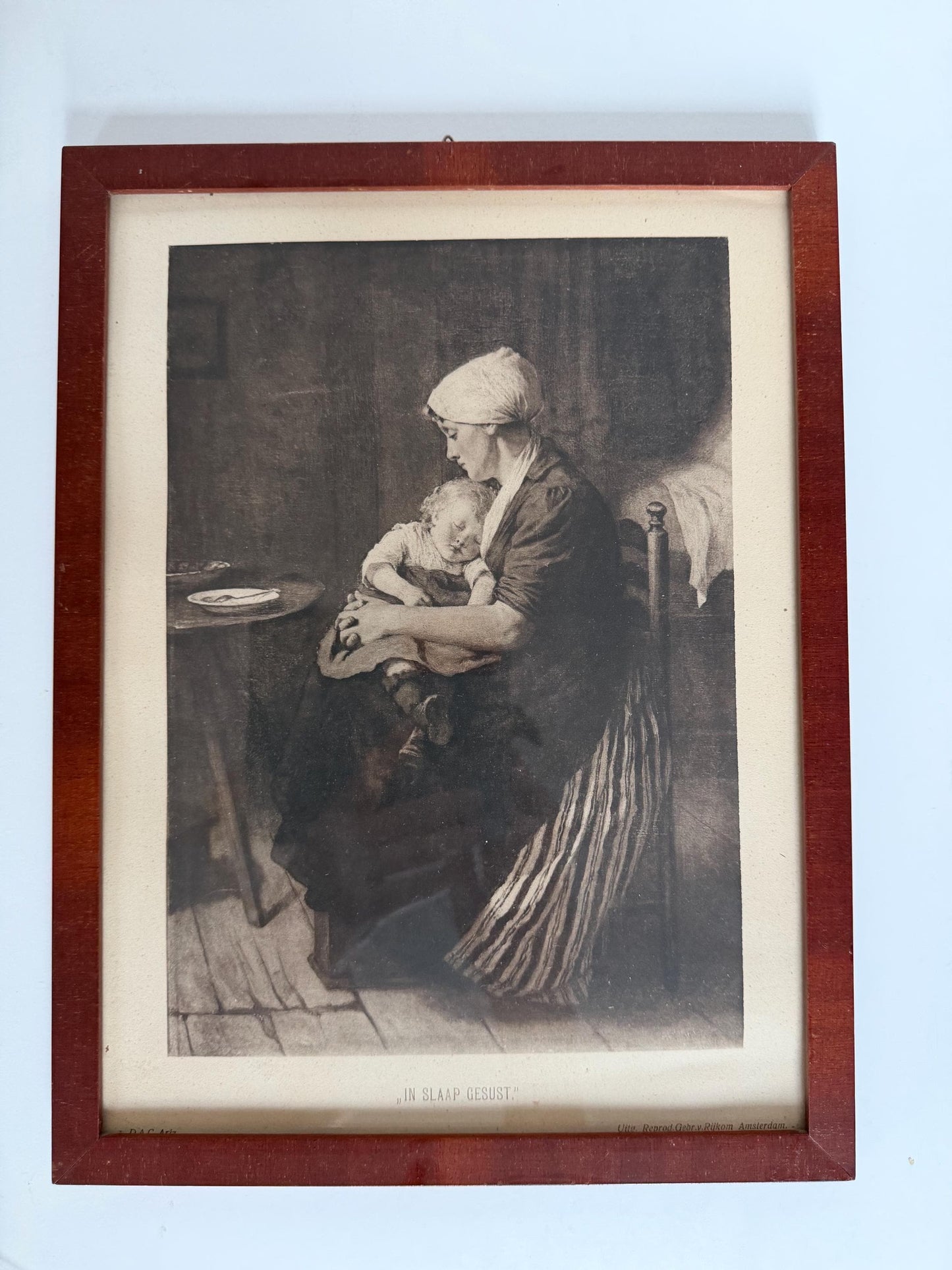 In slaap gesust’, amsterdam antique framed print with mother and child, ‘rocked to sleep’