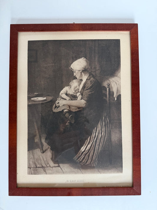 In slaap gesust’, amsterdam antique framed print with mother and child, ‘rocked to sleep’
