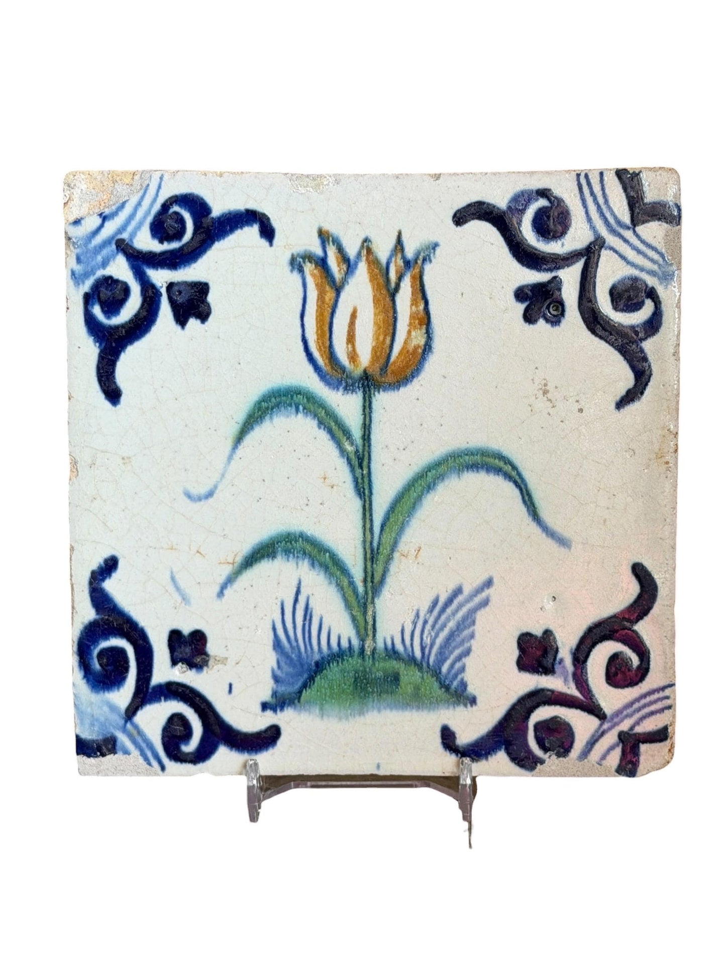 Antique Dutch Tile, Polychrome Tulip with large oxhead corner, fine collectable, Holland, 1625