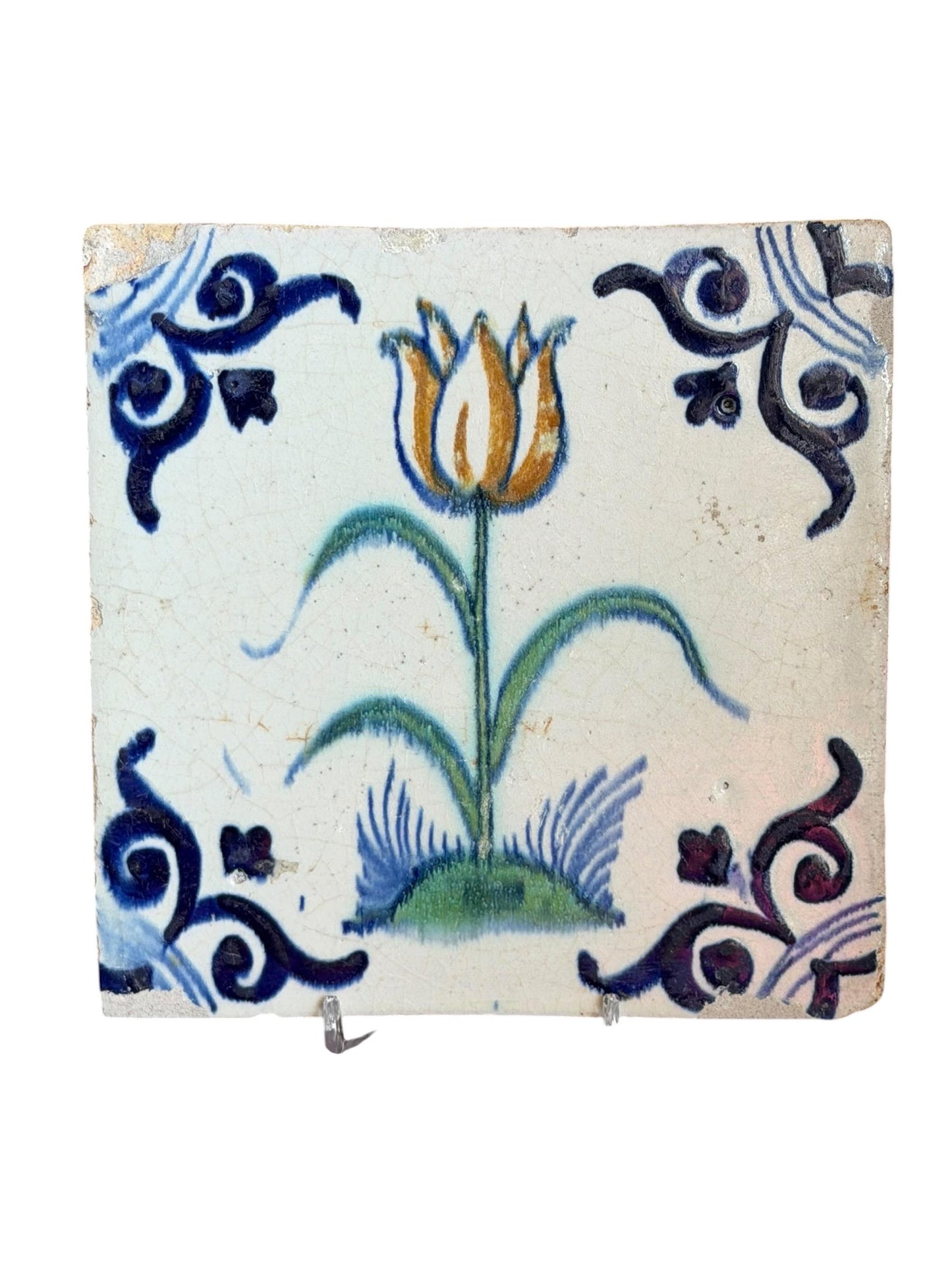 Antique Dutch Tile, Polychrome Tulip with large oxhead corner, fine collectable, Holland, 1625