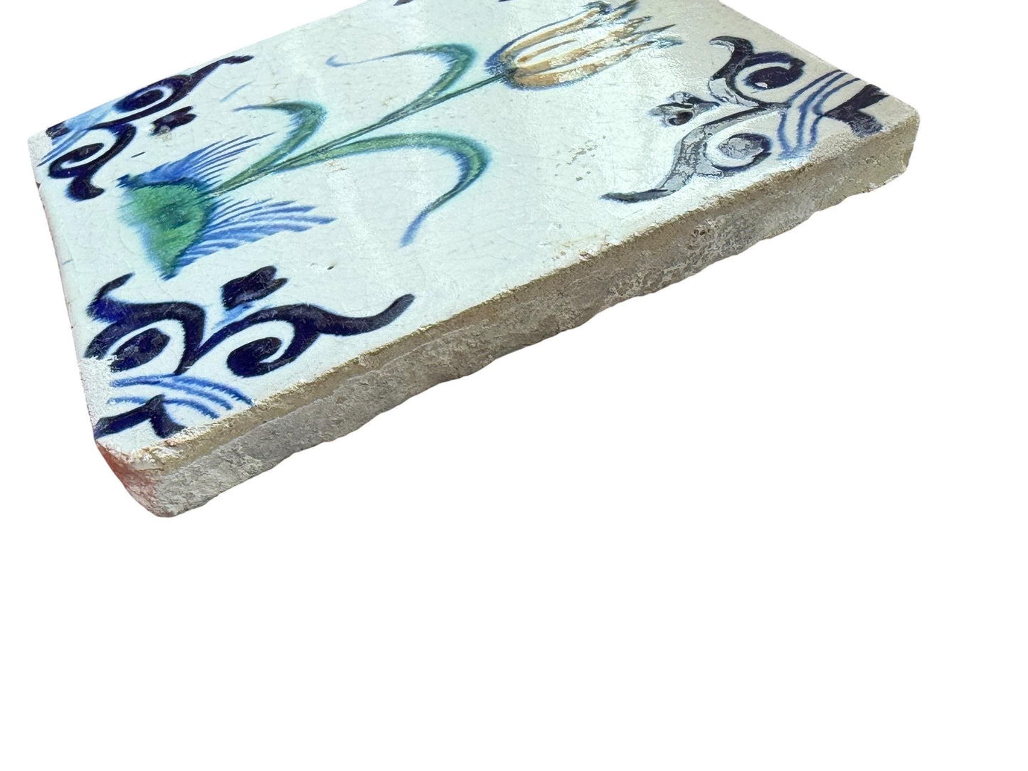Antique Dutch Tile, Polychrome Tulip with large oxhead corner, fine collectable, Holland, 1625