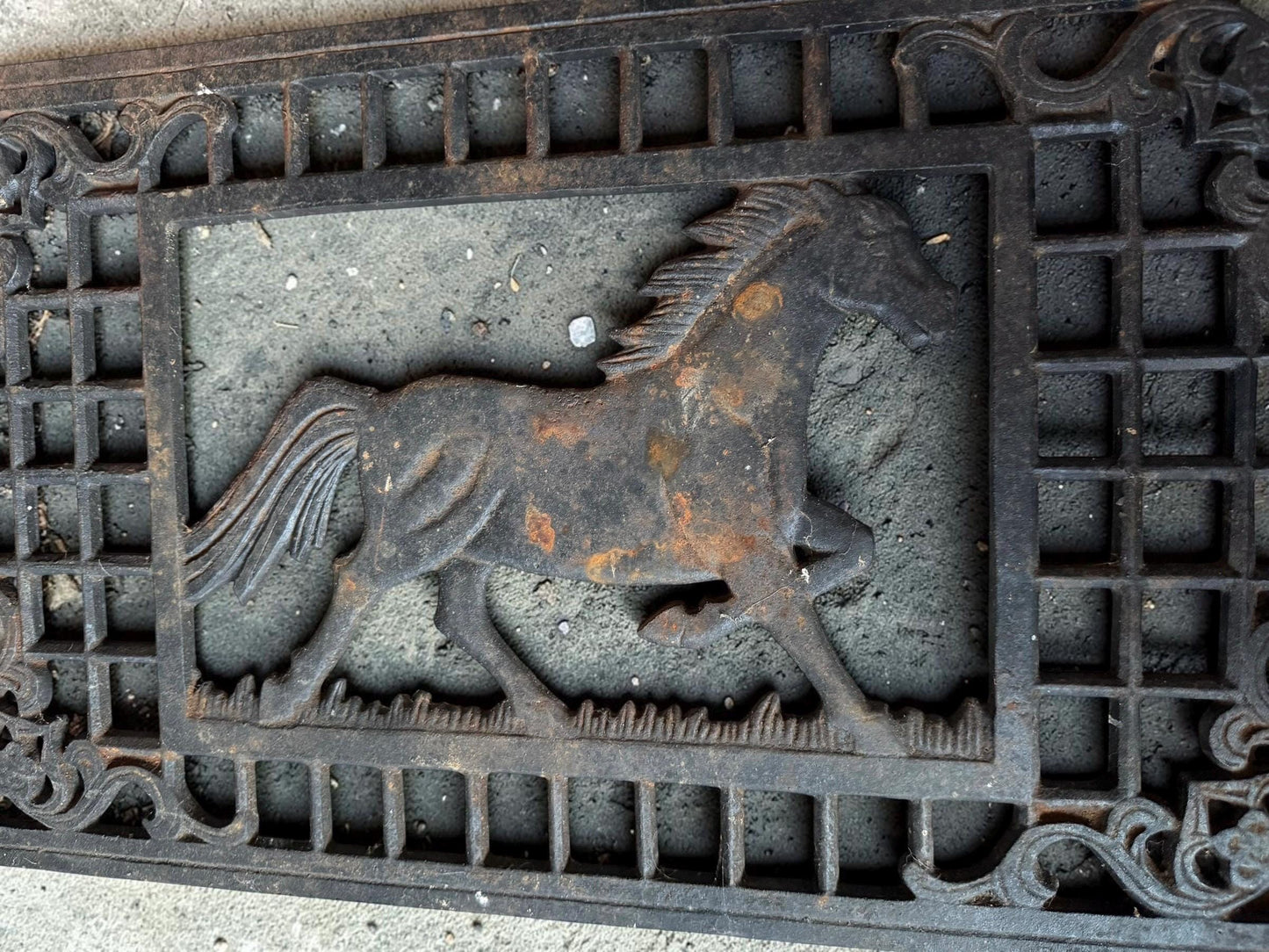 Antique Cast Iron Cellar Grate with Horse Motif, vintage salvage garden ornament