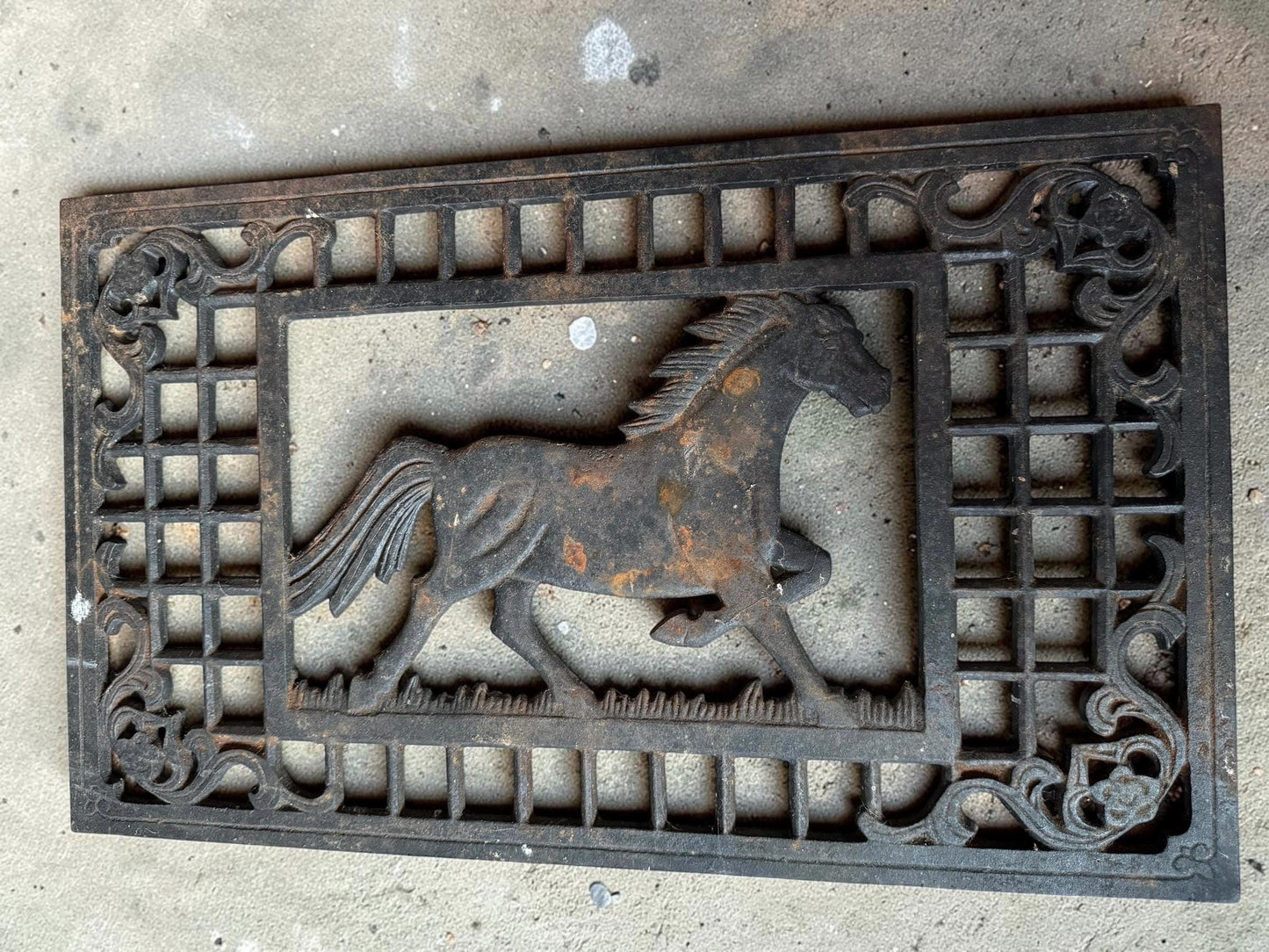 Antique Cast Iron Cellar Grate with Horse Motif, vintage salvage garden ornament