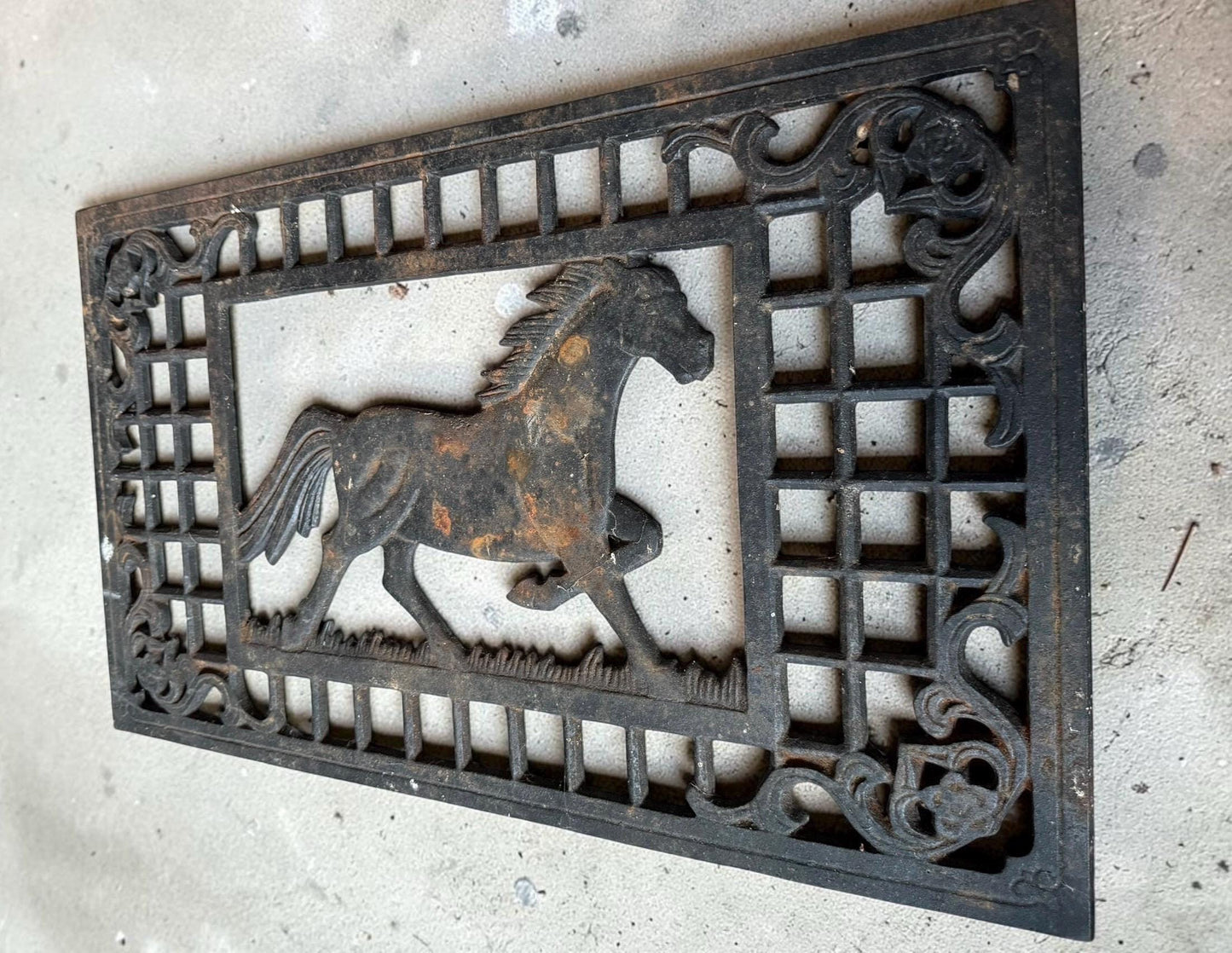 Antique Cast Iron Cellar Grate with Horse Motif, vintage salvage garden ornament