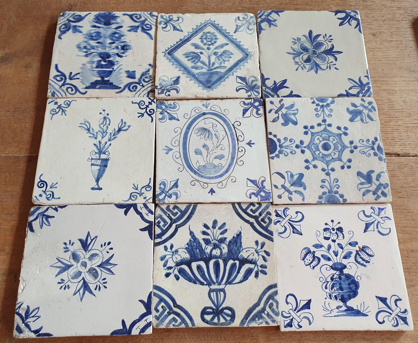 9 x Antique Delft flowers Tiles, 17th Century Dutch Wall Decor.