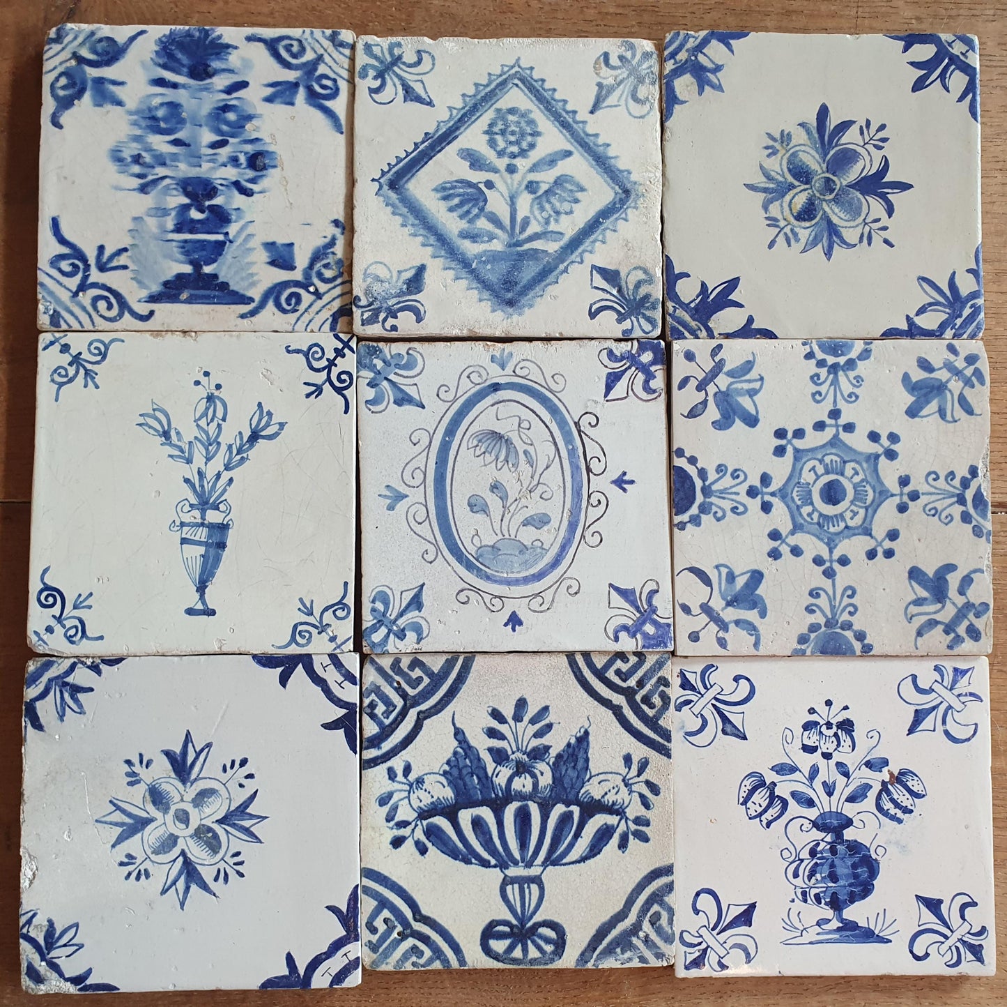 9 x Antique Delft flowers Tiles, 17th Century Dutch Wall Decor.