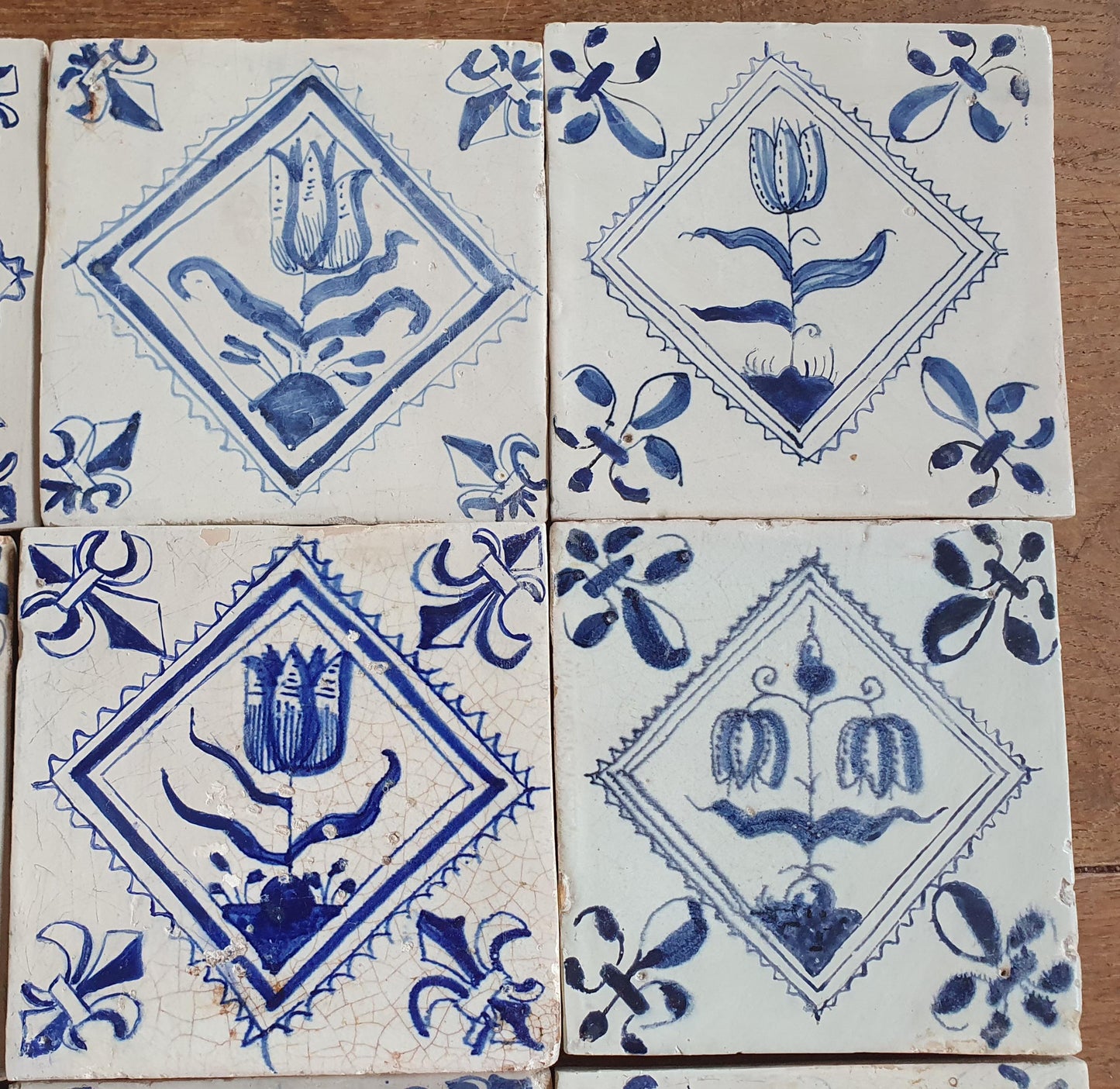 9 x Antique Delft flowers Tiles, 17th Century Dutch Wall Decor.