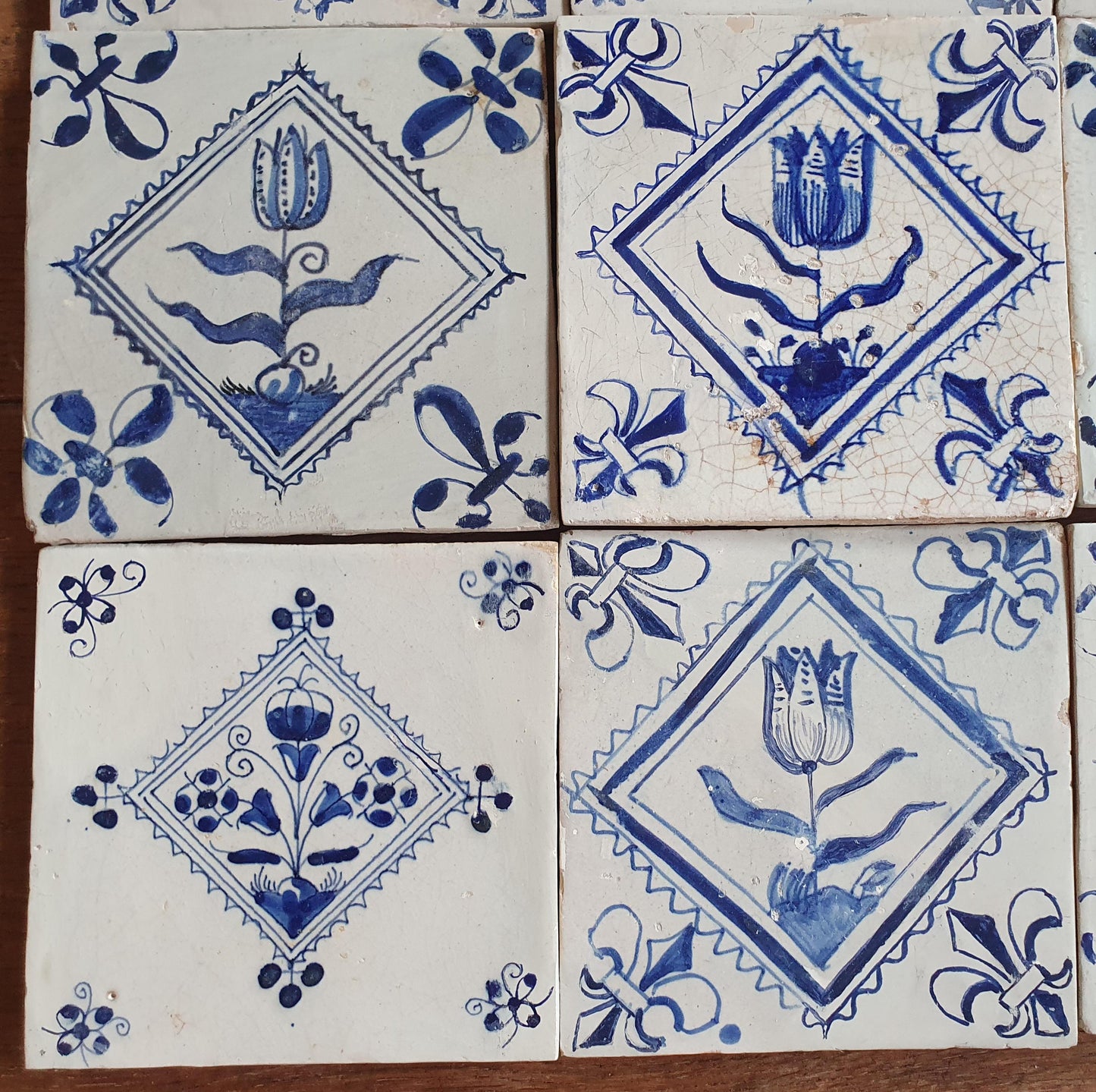 9 x Antique Delft flowers Tiles, 17th Century Dutch Wall Decor.