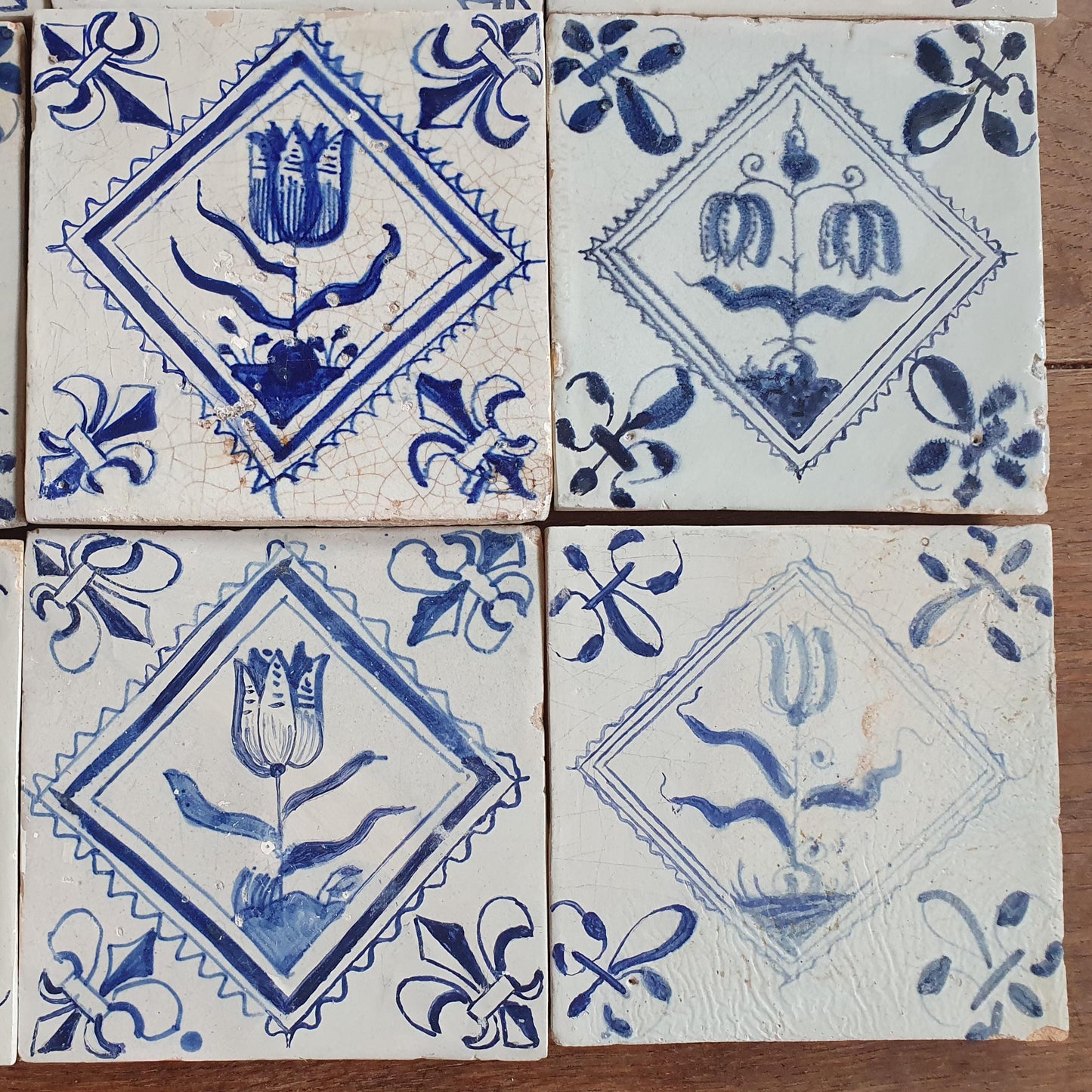 9 x Antique Delft flowers Tiles, 17th Century Dutch Wall Decor.