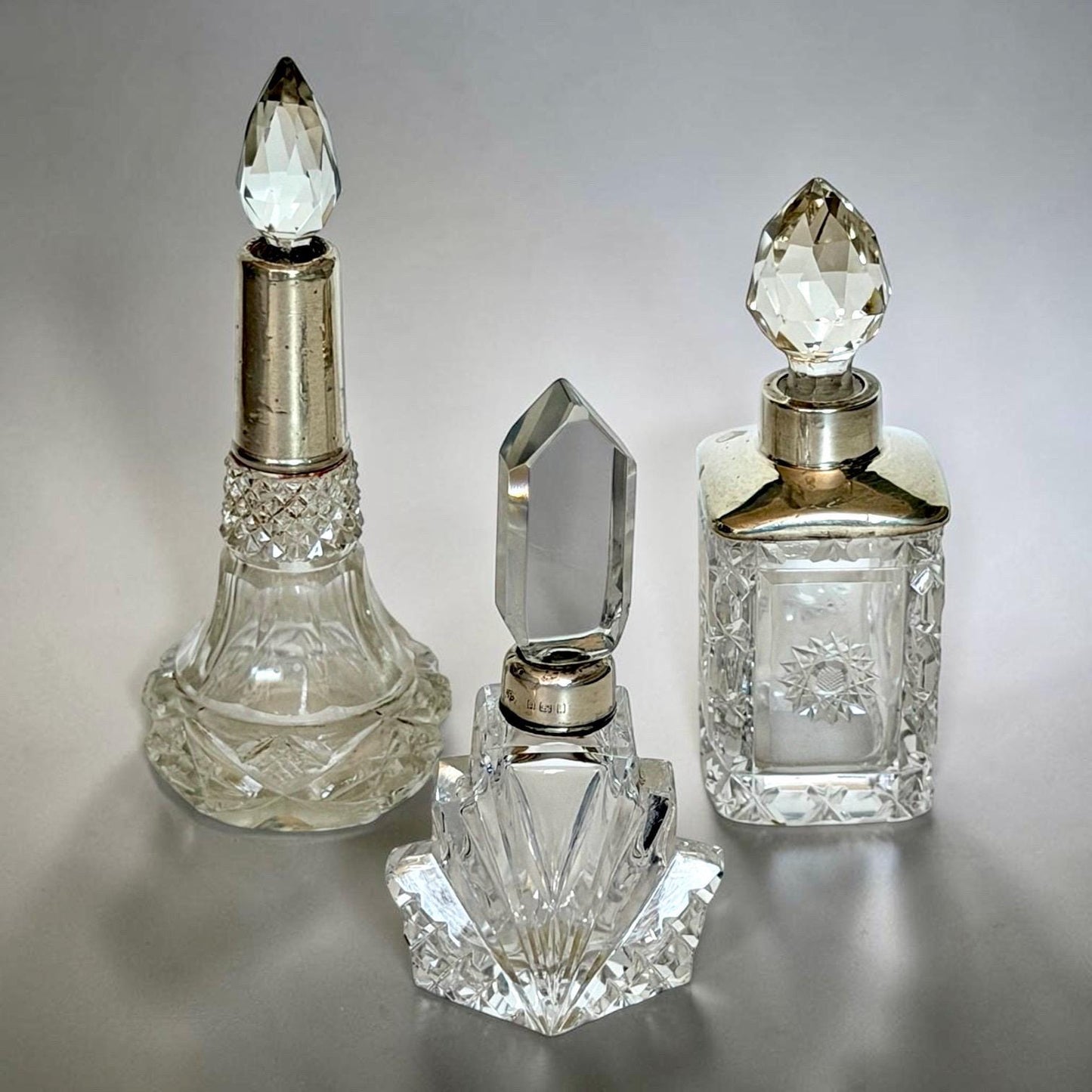 Antique Sterling Silver Crystal Vanity Set Edwardian Perfume Bottles Cut Glass Dressing Table Set, 3
