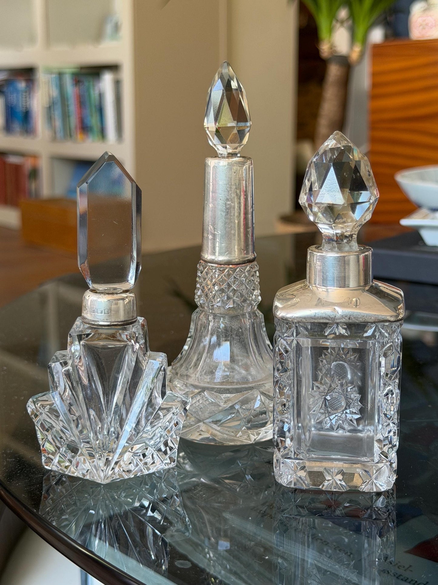 Antique Sterling Silver Crystal Vanity Set Edwardian Perfume Bottles Cut Glass Dressing Table Set, 3
