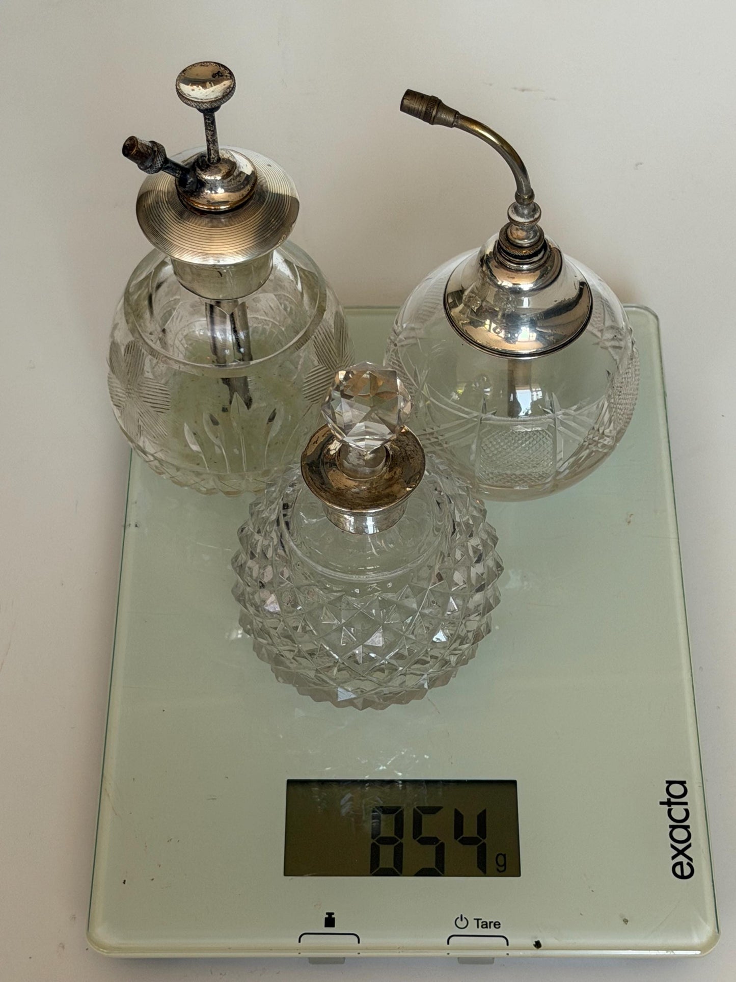 Antique Sterling Silver Crystal Vanity Set Edwardian Perfume Bottles atomizer Cut Glass Dressing Table Set, 3