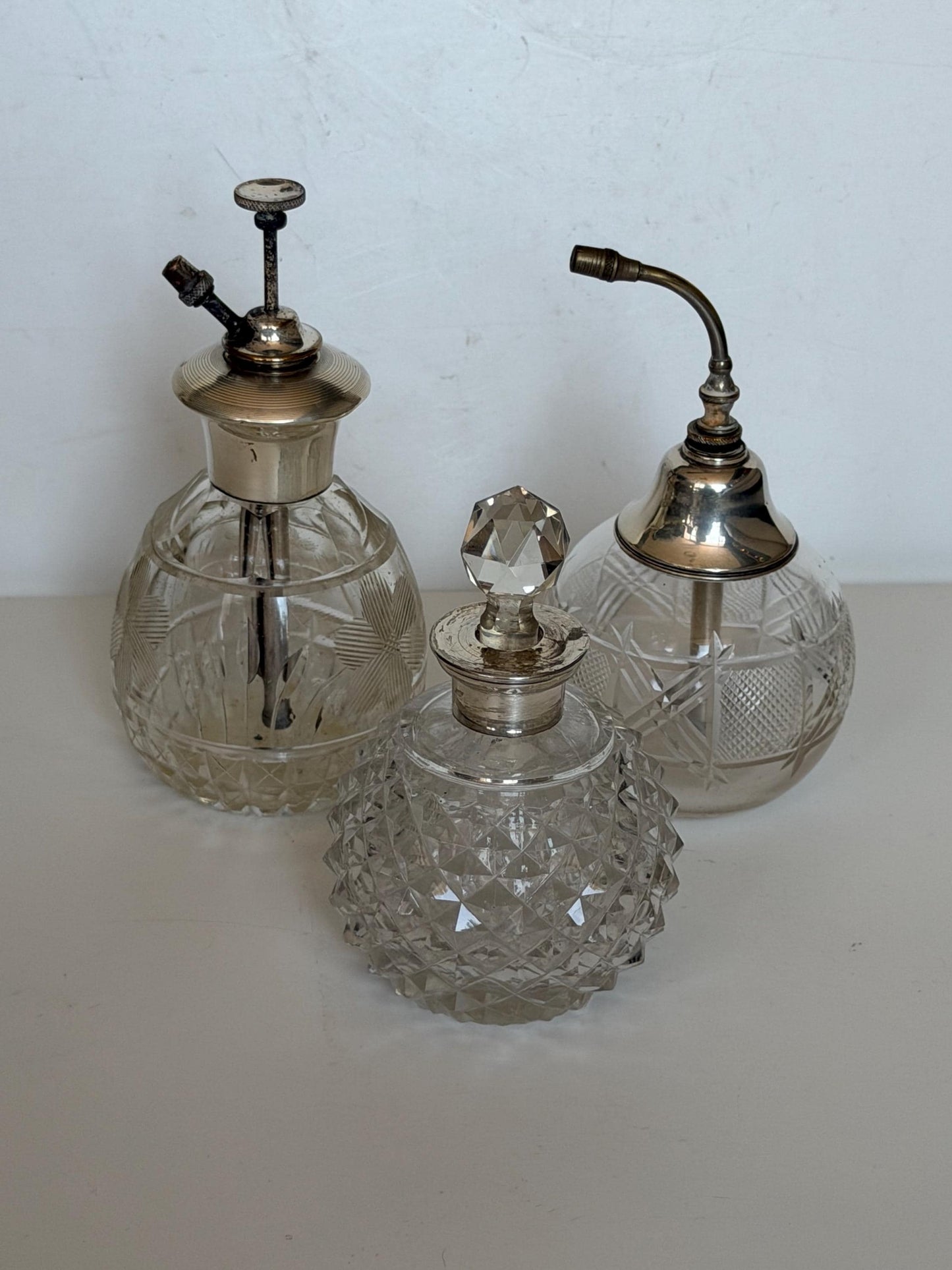 Antique Sterling Silver Crystal Vanity Set Edwardian Perfume Bottles atomizer Cut Glass Dressing Table Set, 3