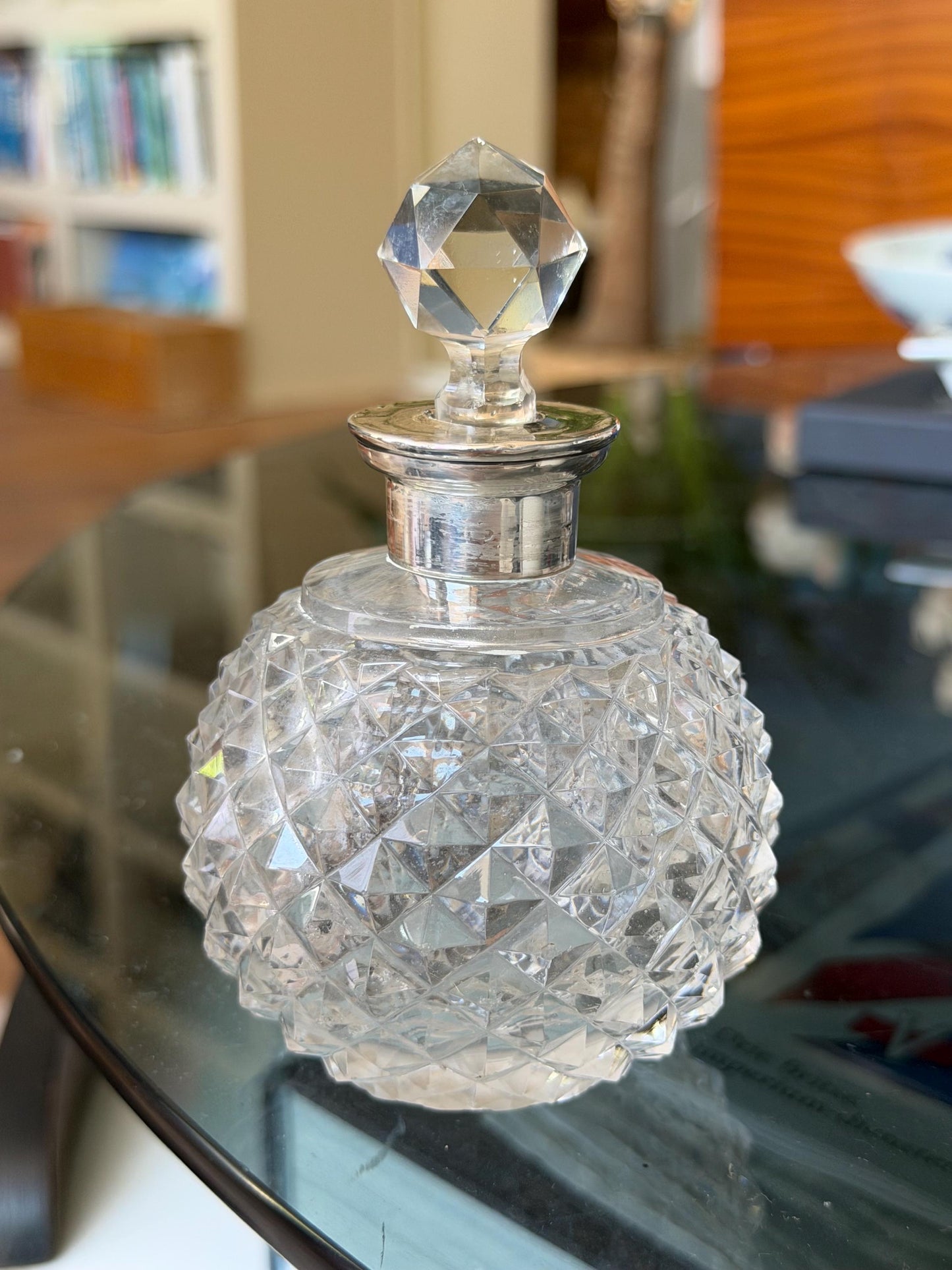 Antique Sterling Silver Crystal Vanity Set Edwardian Perfume Bottles atomizer Cut Glass Dressing Table Set, 3