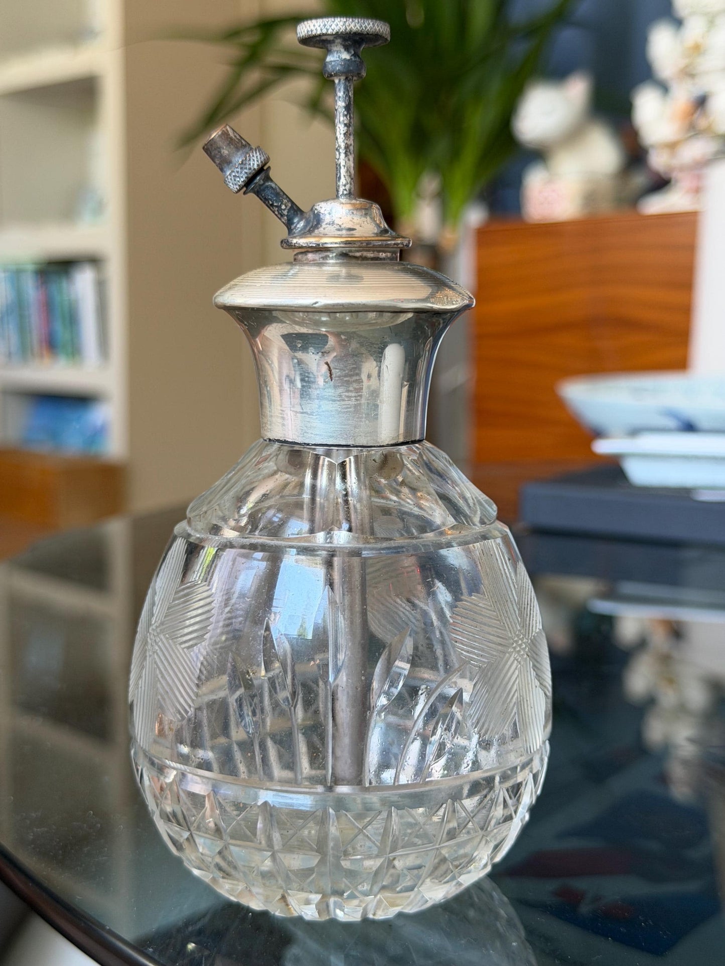 Antique Sterling Silver Crystal Vanity Set Edwardian Perfume Bottles atomizer Cut Glass Dressing Table Set, 3