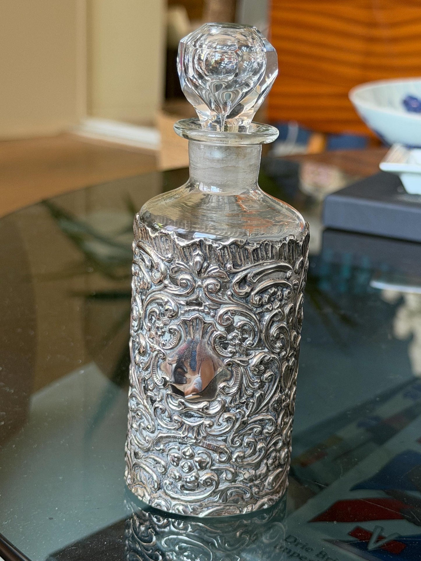 Antique Silver Crystal Edwardian Perfume Bottle Cut Glass Dressing table collectable