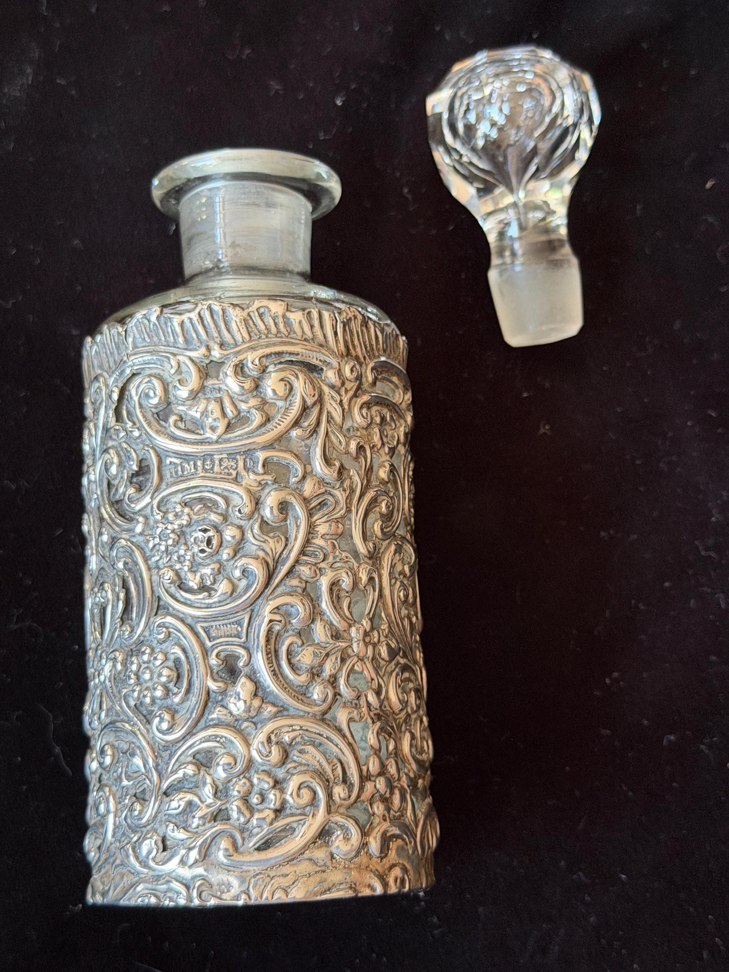 Antique Silver Crystal Edwardian Perfume Bottle Cut Glass Dressing table collectable