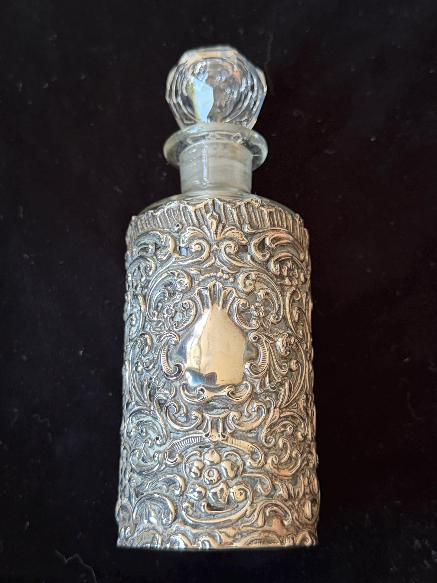 Antique Silver Crystal Edwardian Perfume Bottle Cut Glass Dressing table collectable