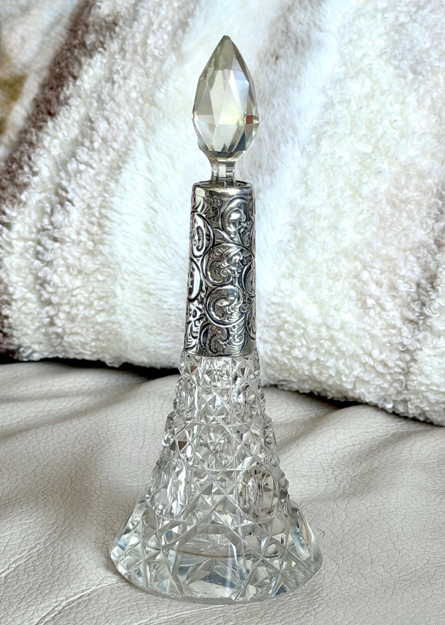 Antique Silver Crystal Edwardian Perfume Bottle Cut Glass Dressing table collectable