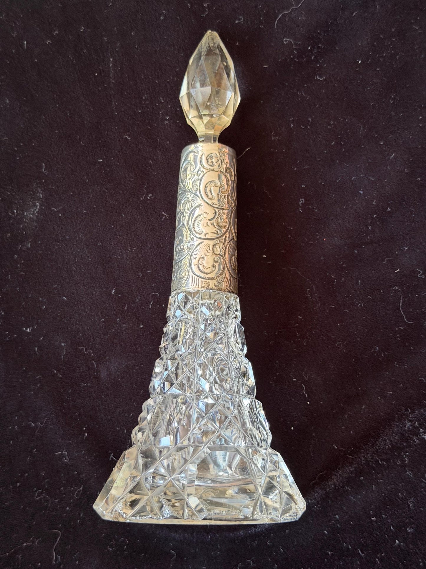 Antique Silver Crystal Edwardian Perfume Bottle Cut Glass Dressing table collectable