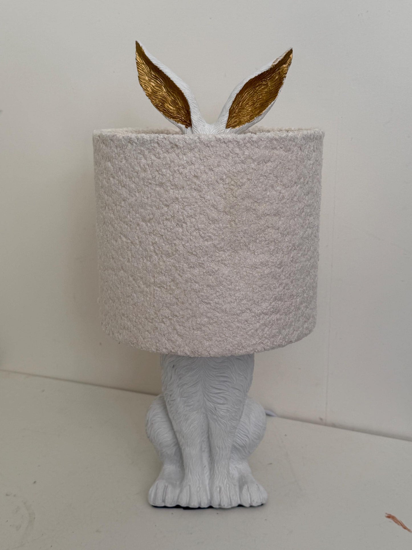 White Rabbit Table Lamp with Gold Ears, Nursery Decor hare, fluffy hood