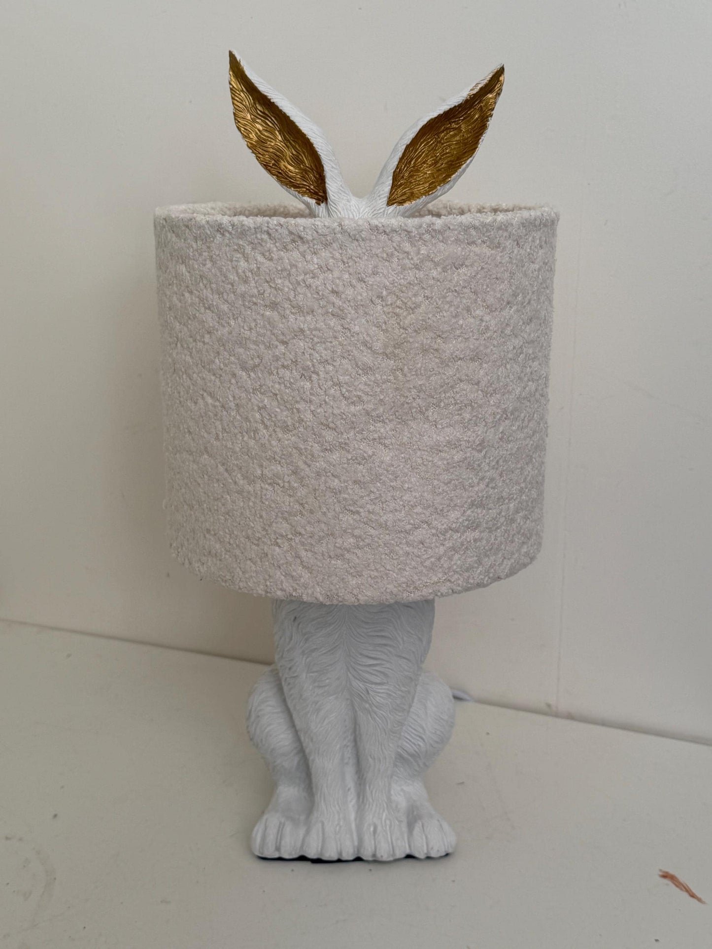 White Rabbit Table Lamp with Gold Ears, Nursery Decor hare, fluffy hood