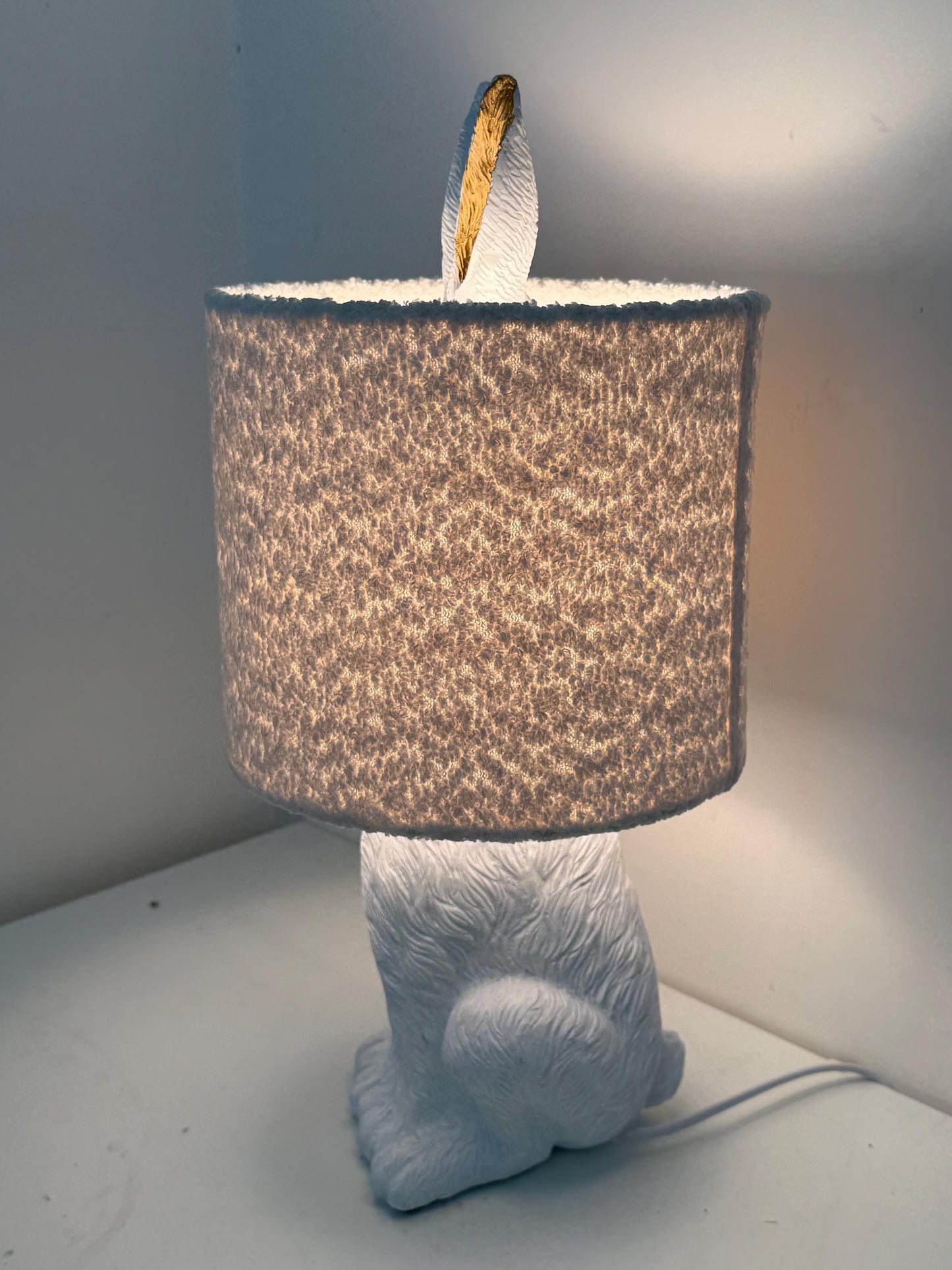 White Rabbit Table Lamp with Gold Ears, Nursery Decor hare, fluffy hood