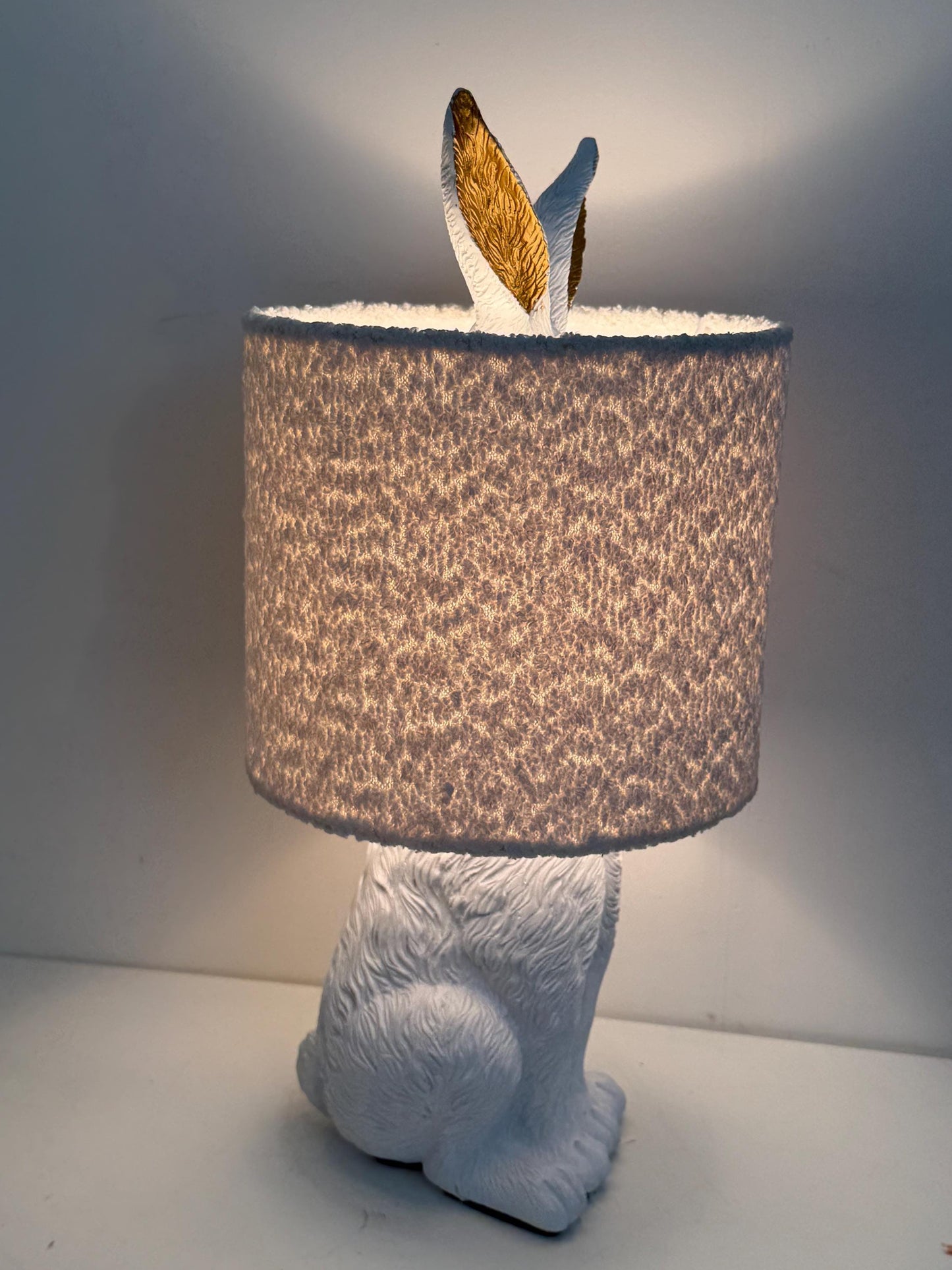 White Rabbit Table Lamp with Gold Ears, Nursery Decor hare, fluffy hood